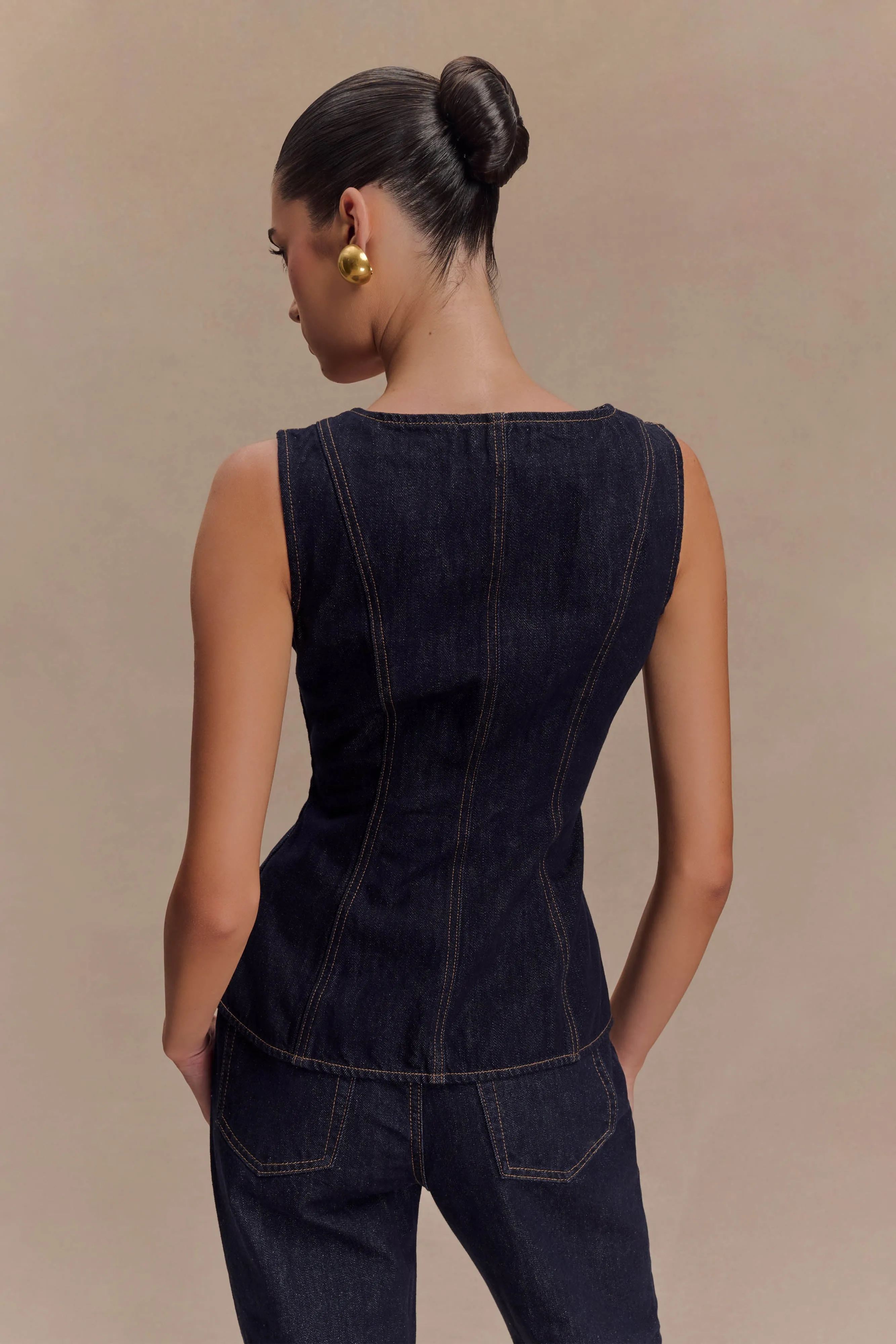 Neve Sleeveless Buttoned Denim Top - Washed Indigo Blue sold by Meshki product image thumbnail 2