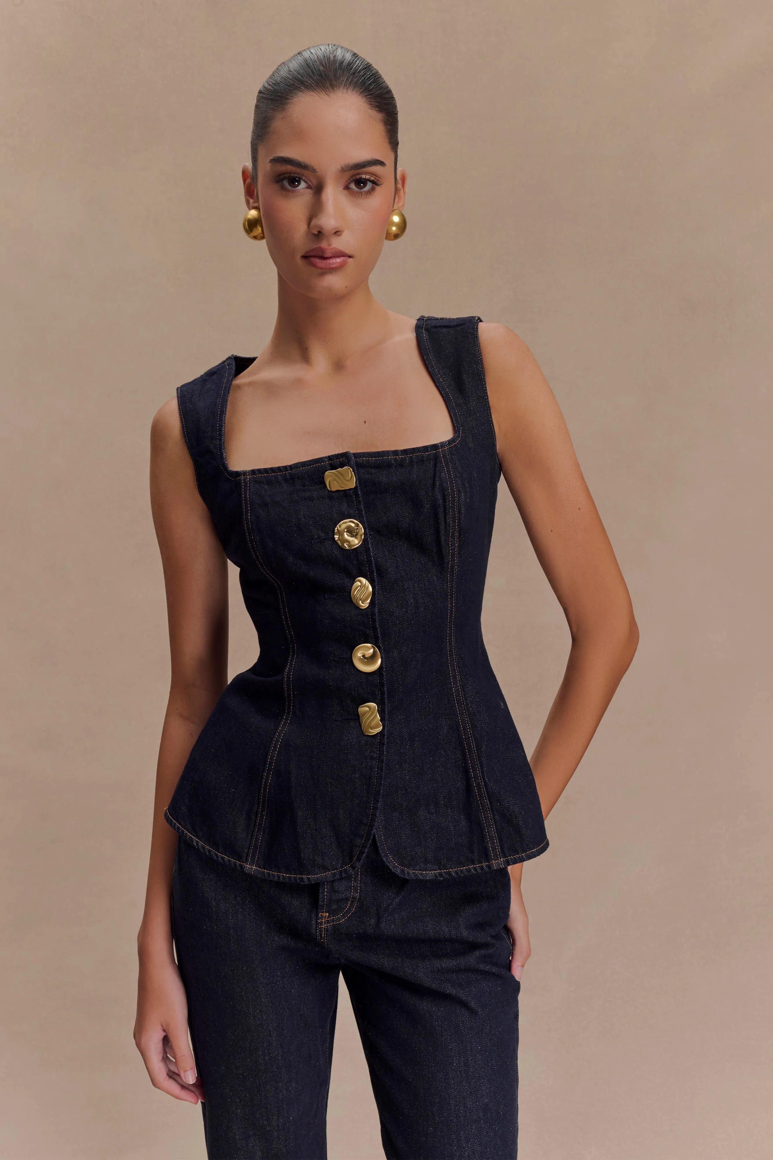 Neve Sleeveless Buttoned Denim Top - Washed Indigo Blue sold by Meshki