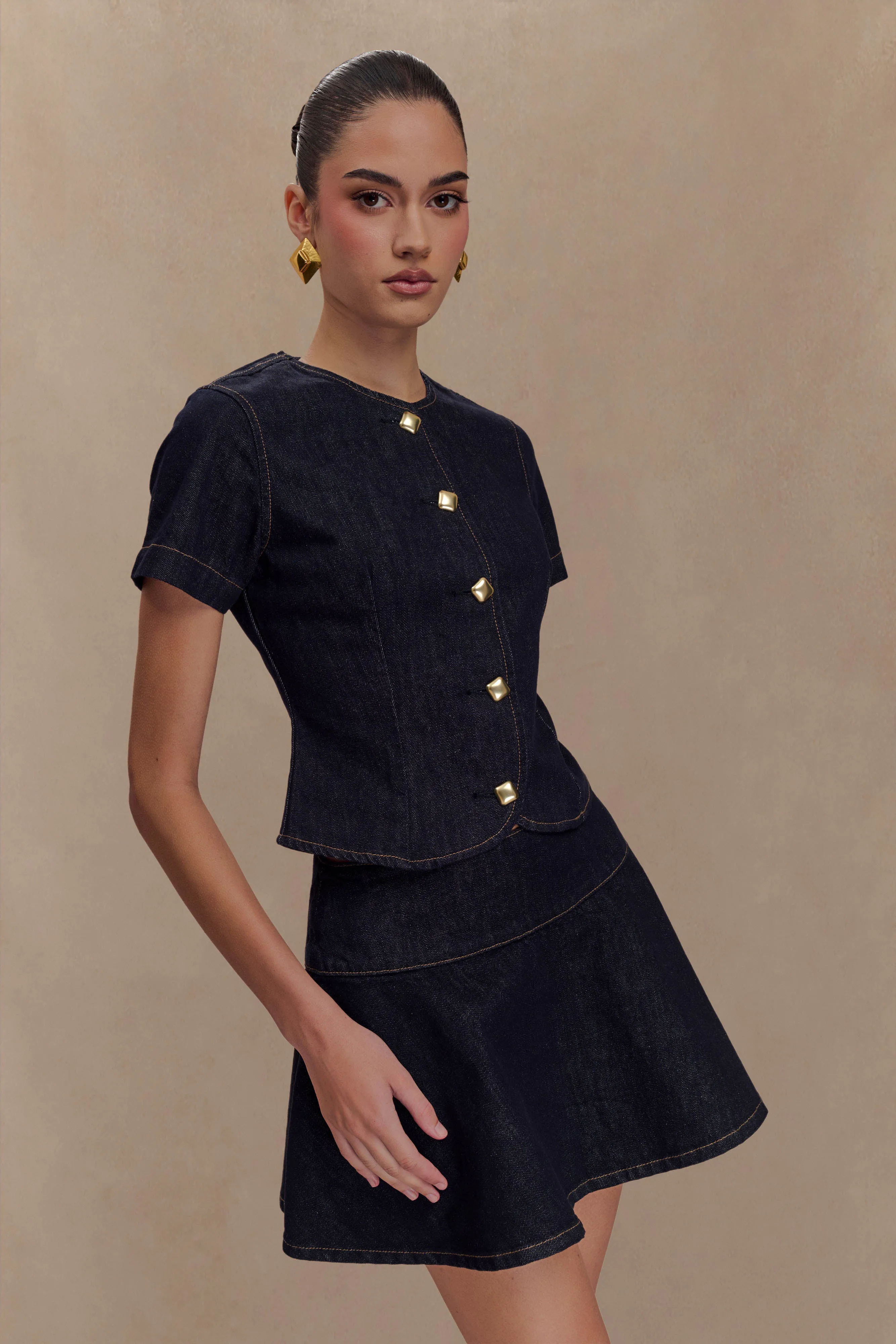 Bethany Short Sleeve Buttoned Denim Top - Washed Indigo Blue sold by Meshki product image thumbnail 4