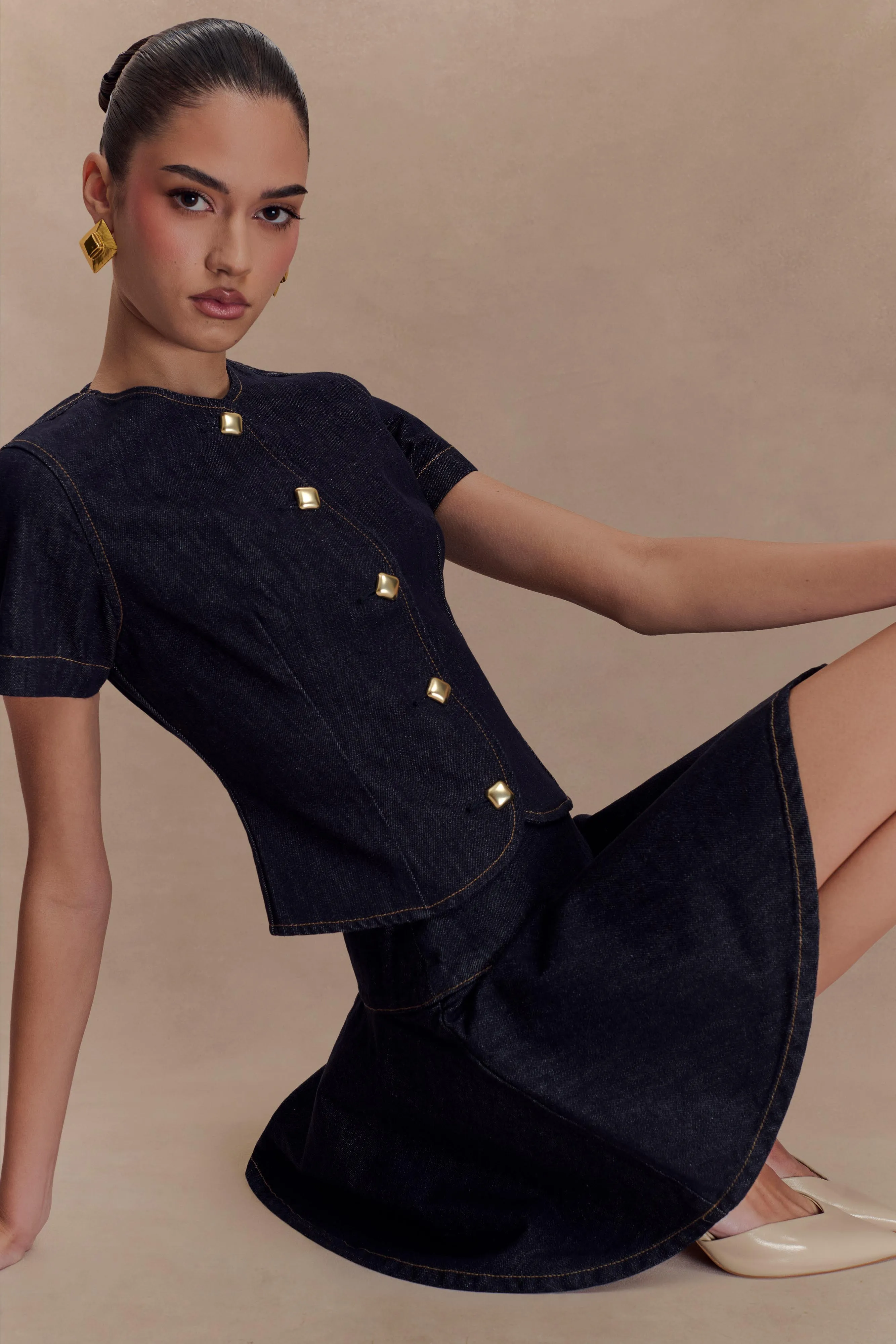 Bethany Short Sleeve Buttoned Denim Top - Washed Indigo Blue sold by Meshki product image thumbnail 3