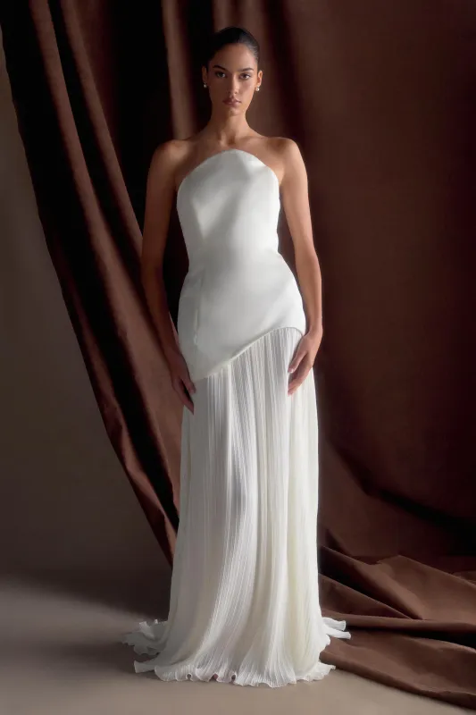 Juno Strapless Pleated Maxi Gown - White sold by Meshki