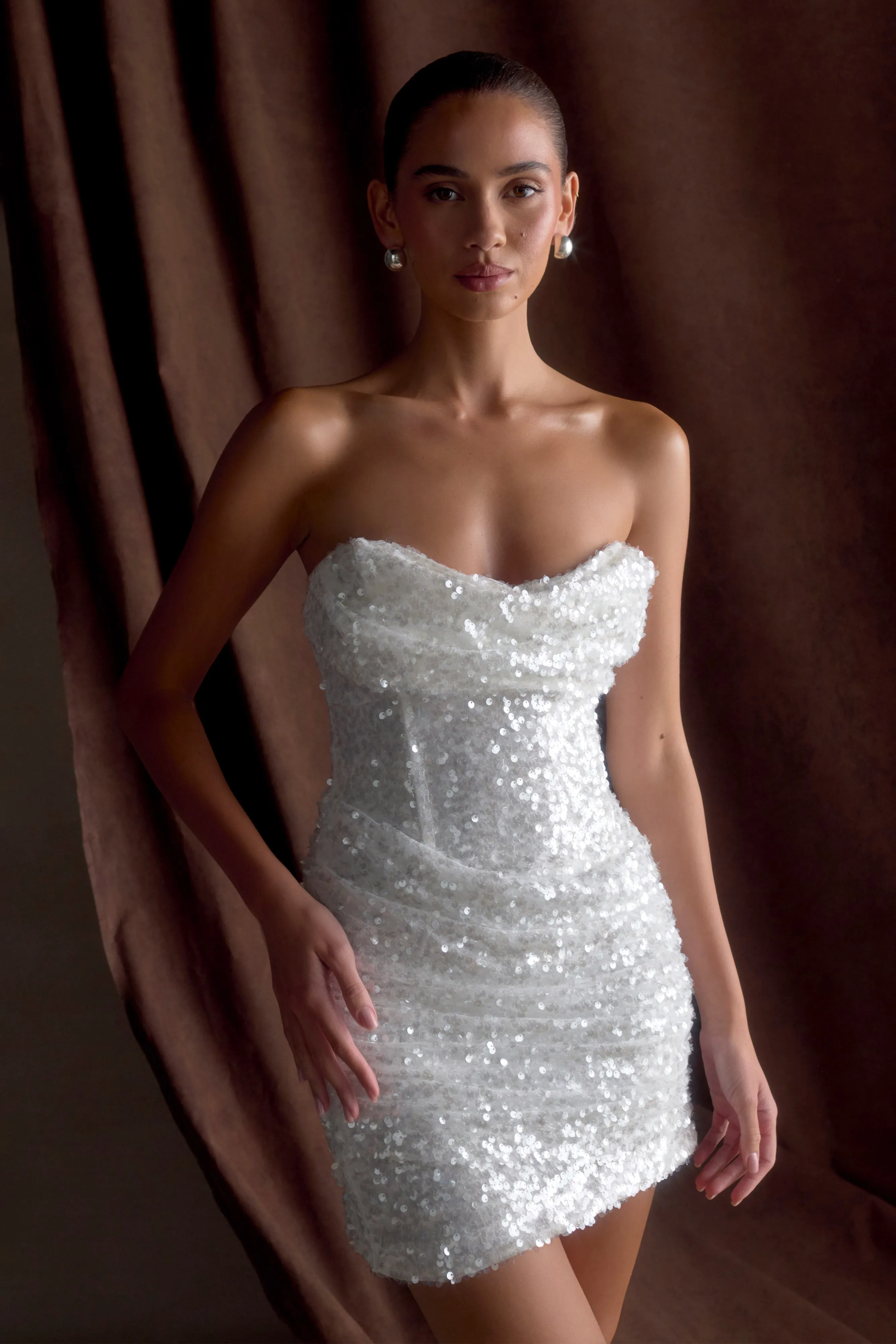 Nala Strapless Sequin Mini Dress - White sold by Meshki