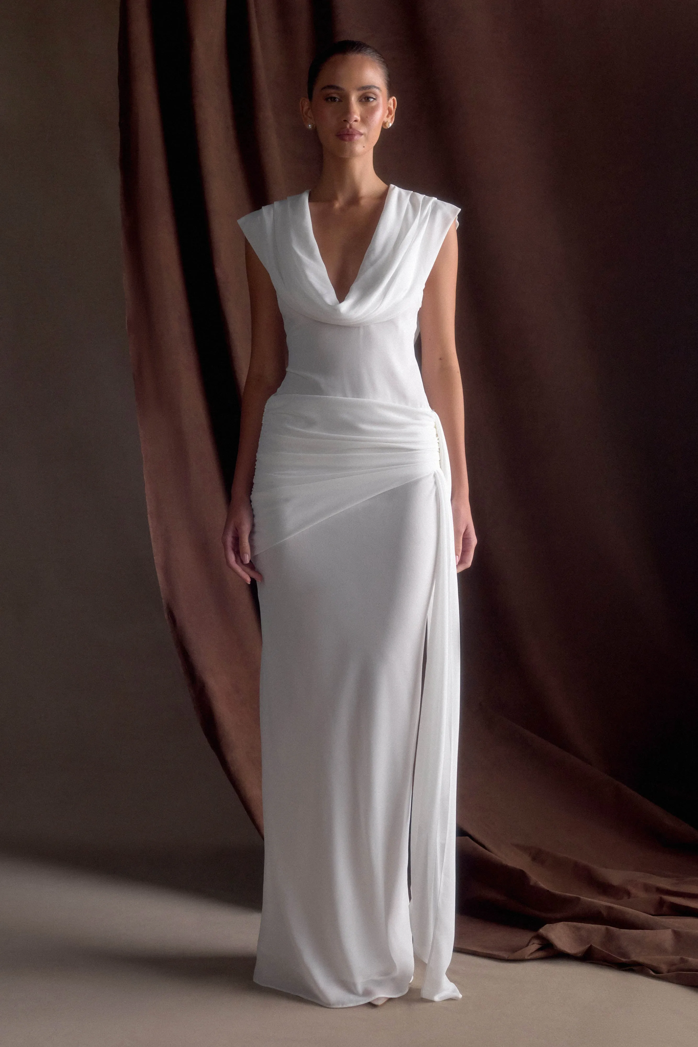 Giulia Chiffon Draped Maxi Dress - White sold by Meshki product image thumbnail 4
