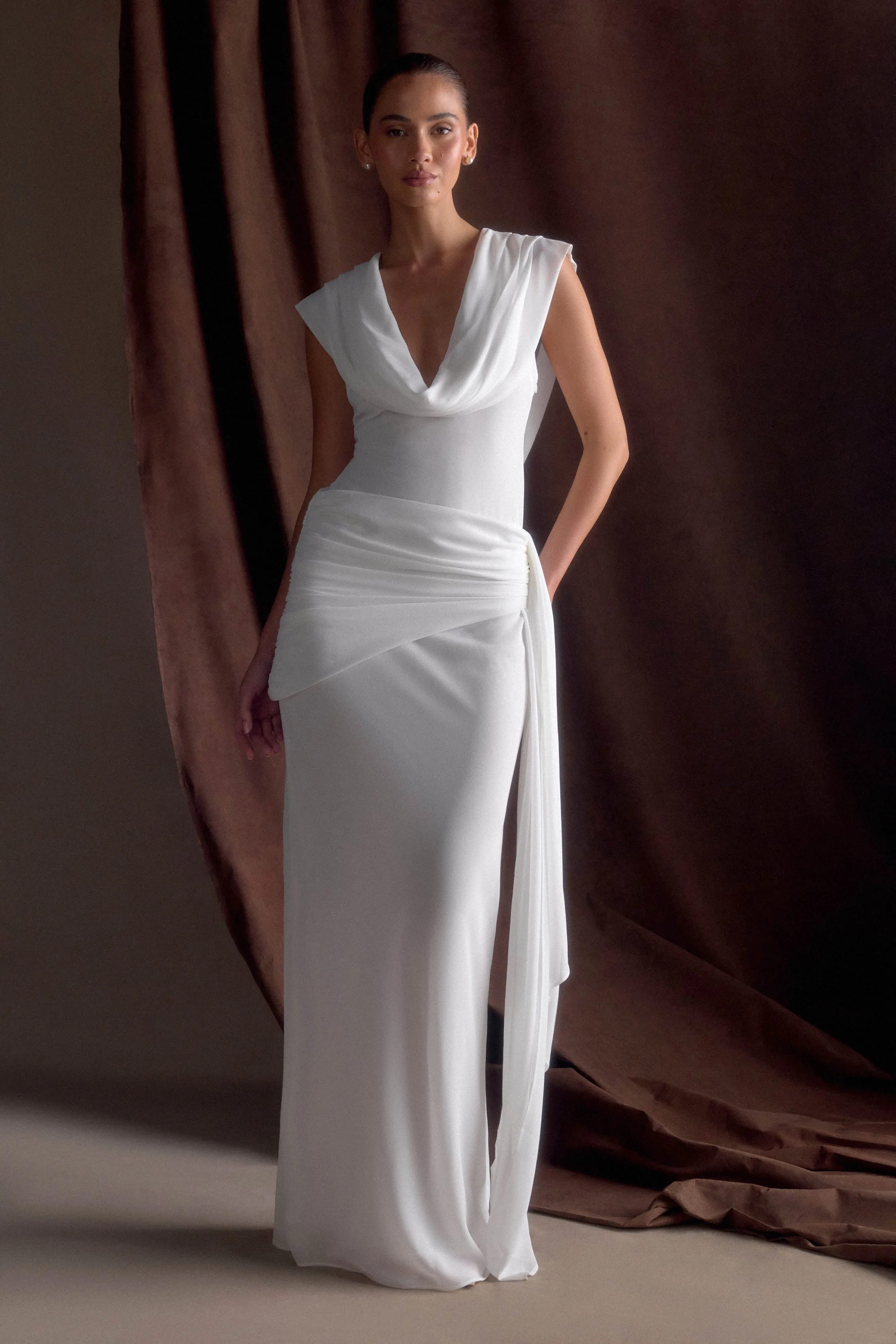 Giulia Chiffon Draped Maxi Dress - White sold by Meshki