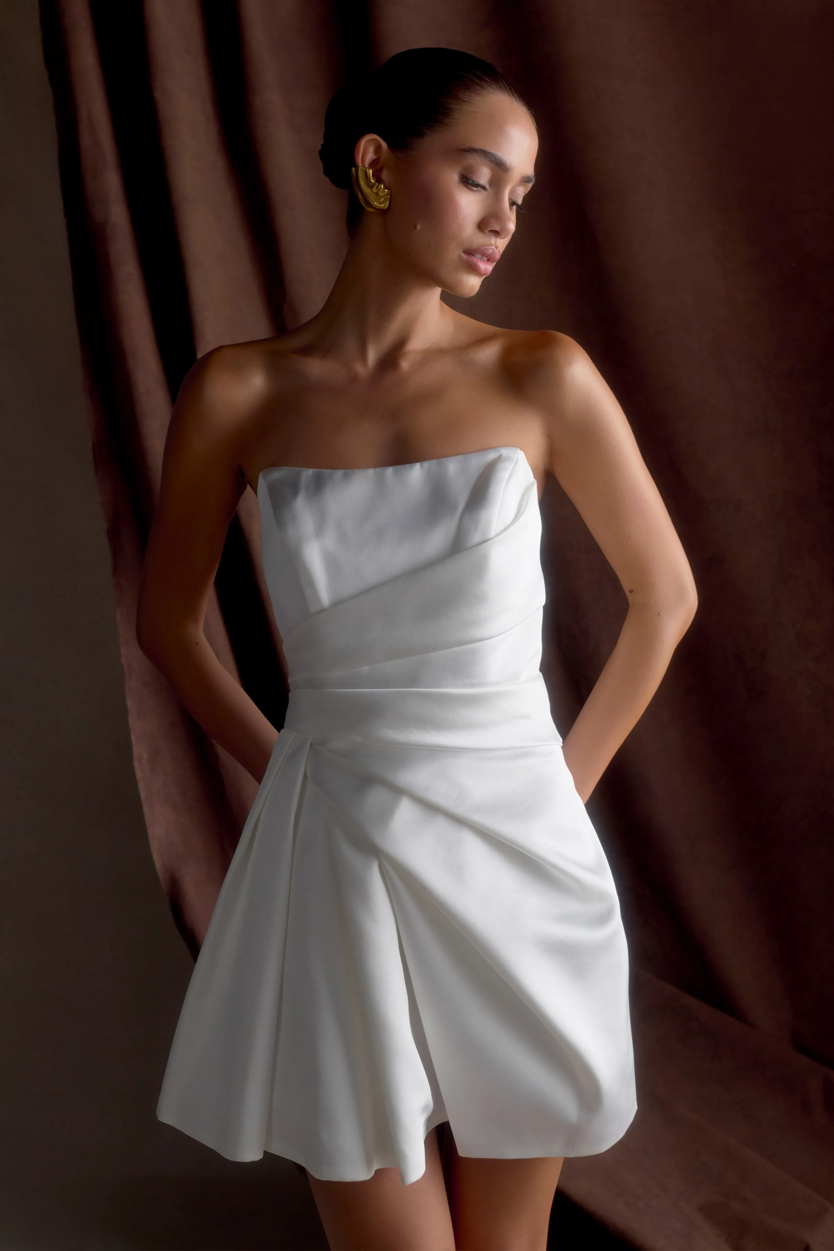 Lora Strapless Satin Mini Dress - White sold by Meshki