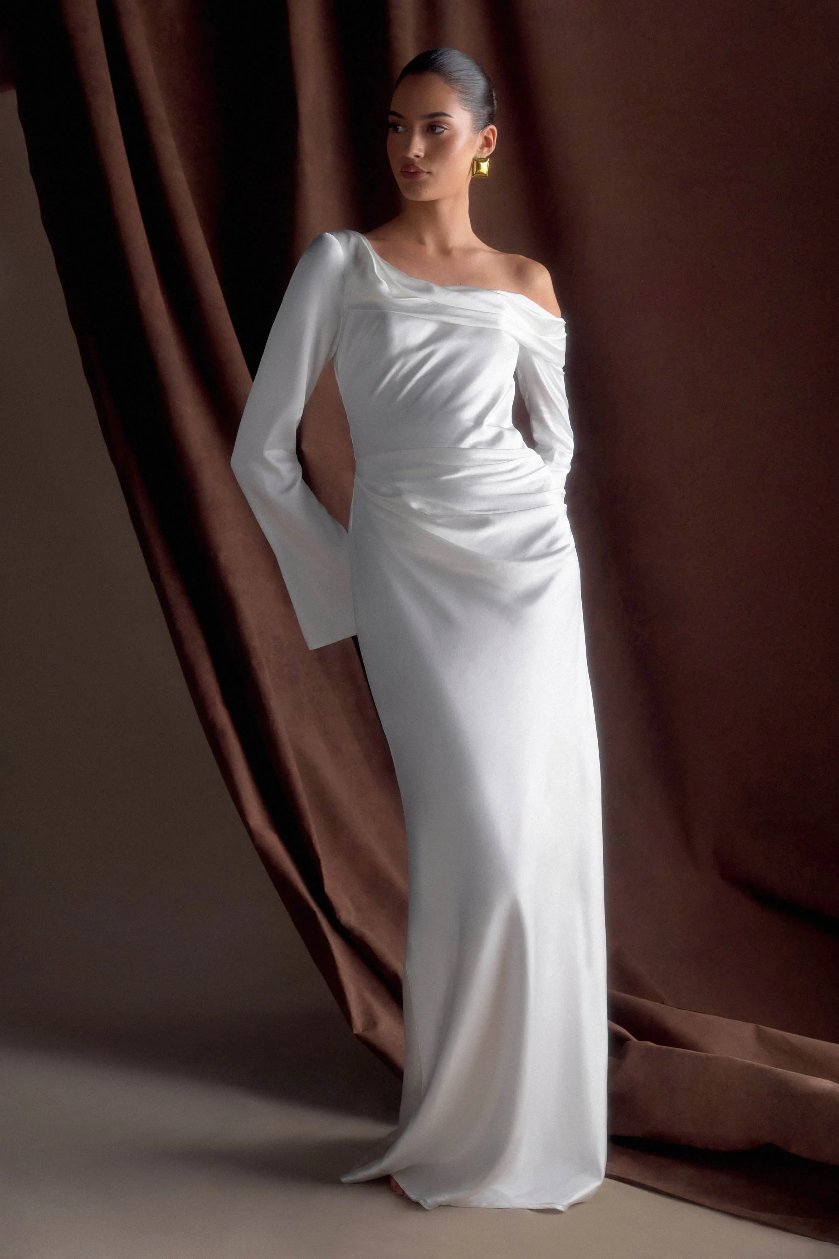 Iris Long Sleeve Satin Maxi Dress - White sold by Meshki product image thumbnail 4