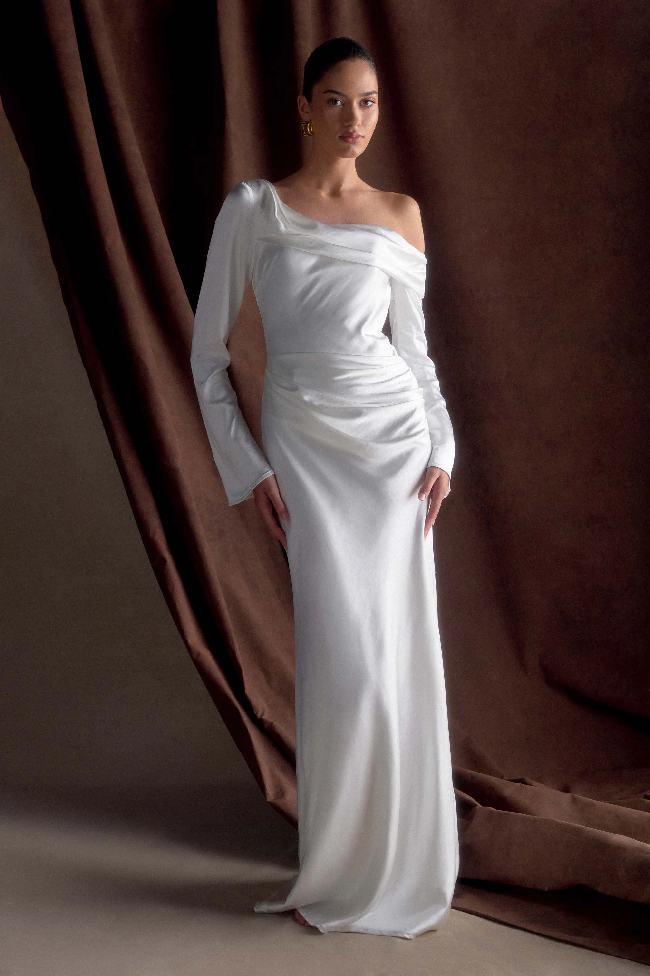 Iris Long Sleeve Satin Maxi Dress - White sold by Meshki