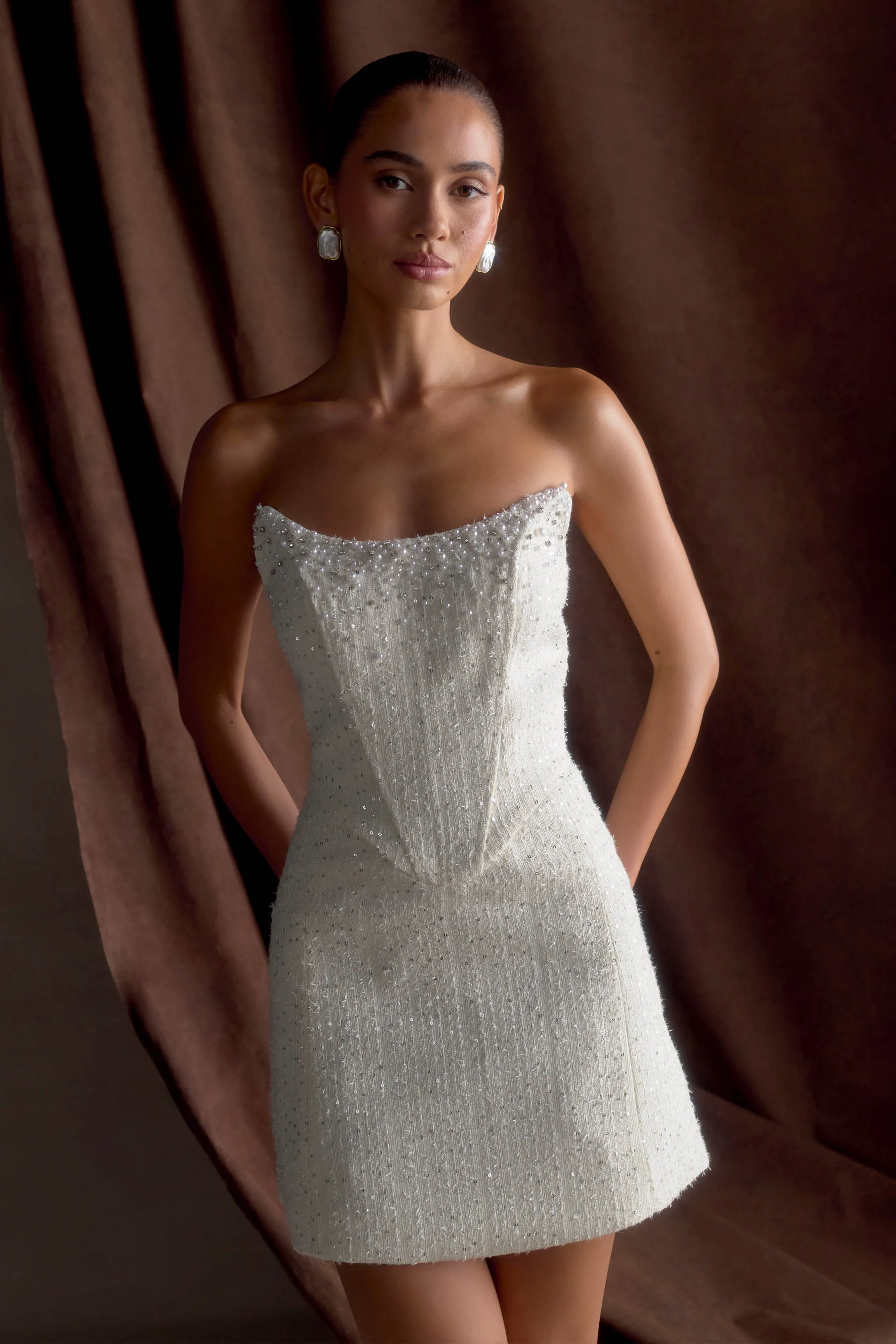 Lorrie Tweed Corset Mini Dress - White sold by Meshki