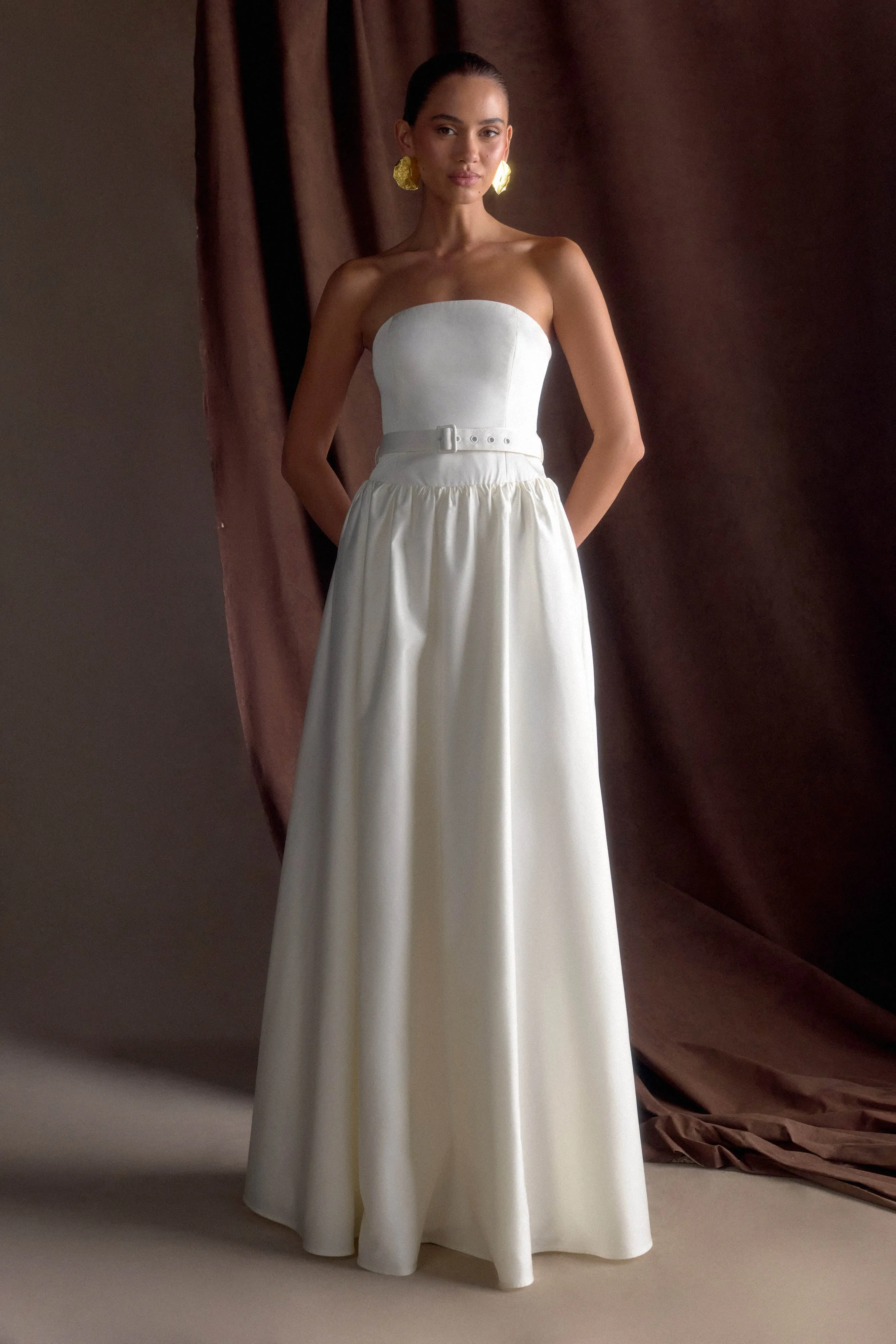 Florence Strapless Belted Maxi Dress - White sold by Meshki