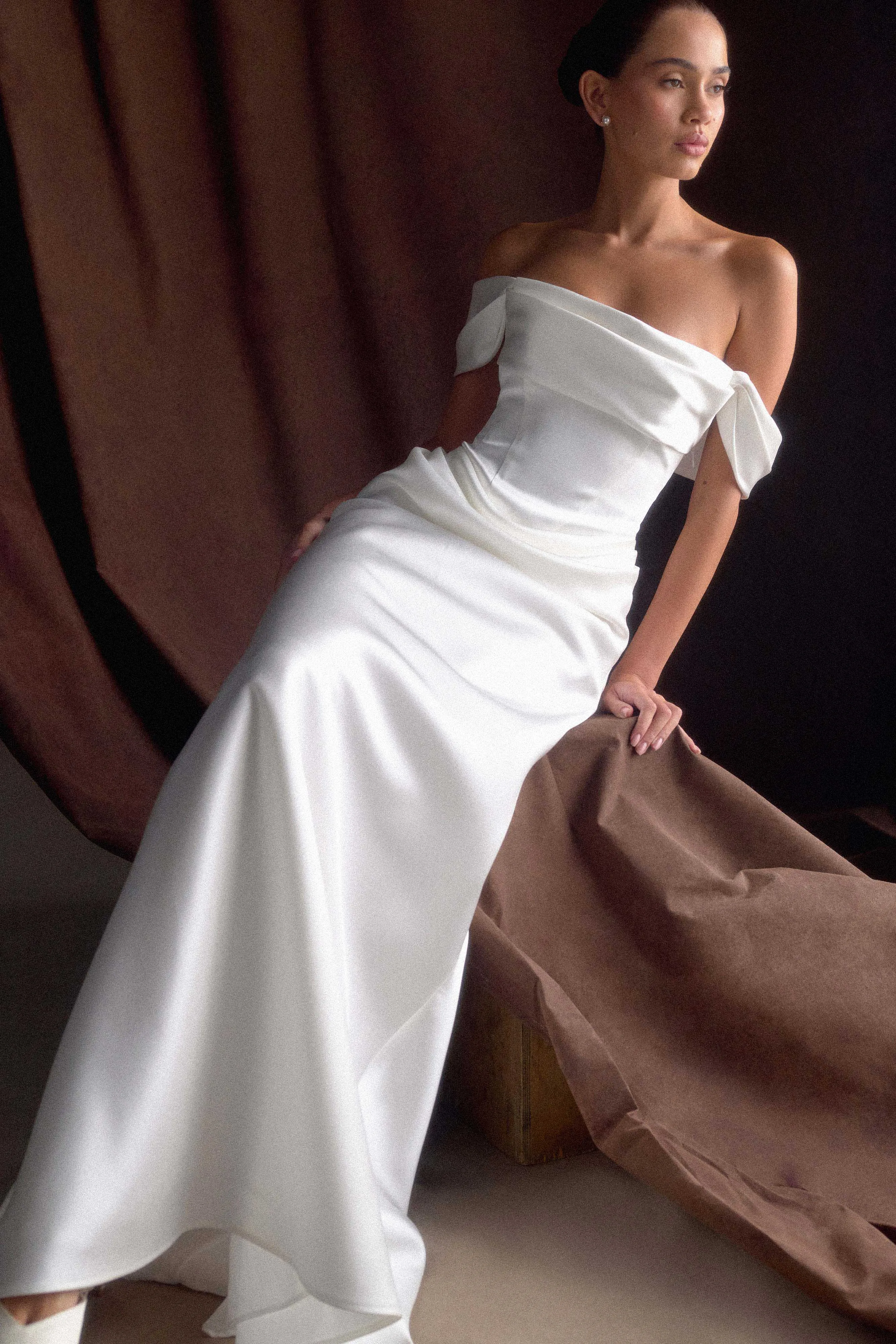 Luna Satin Off Shoulder Gown - White sold by Meshki product image thumbnail 3