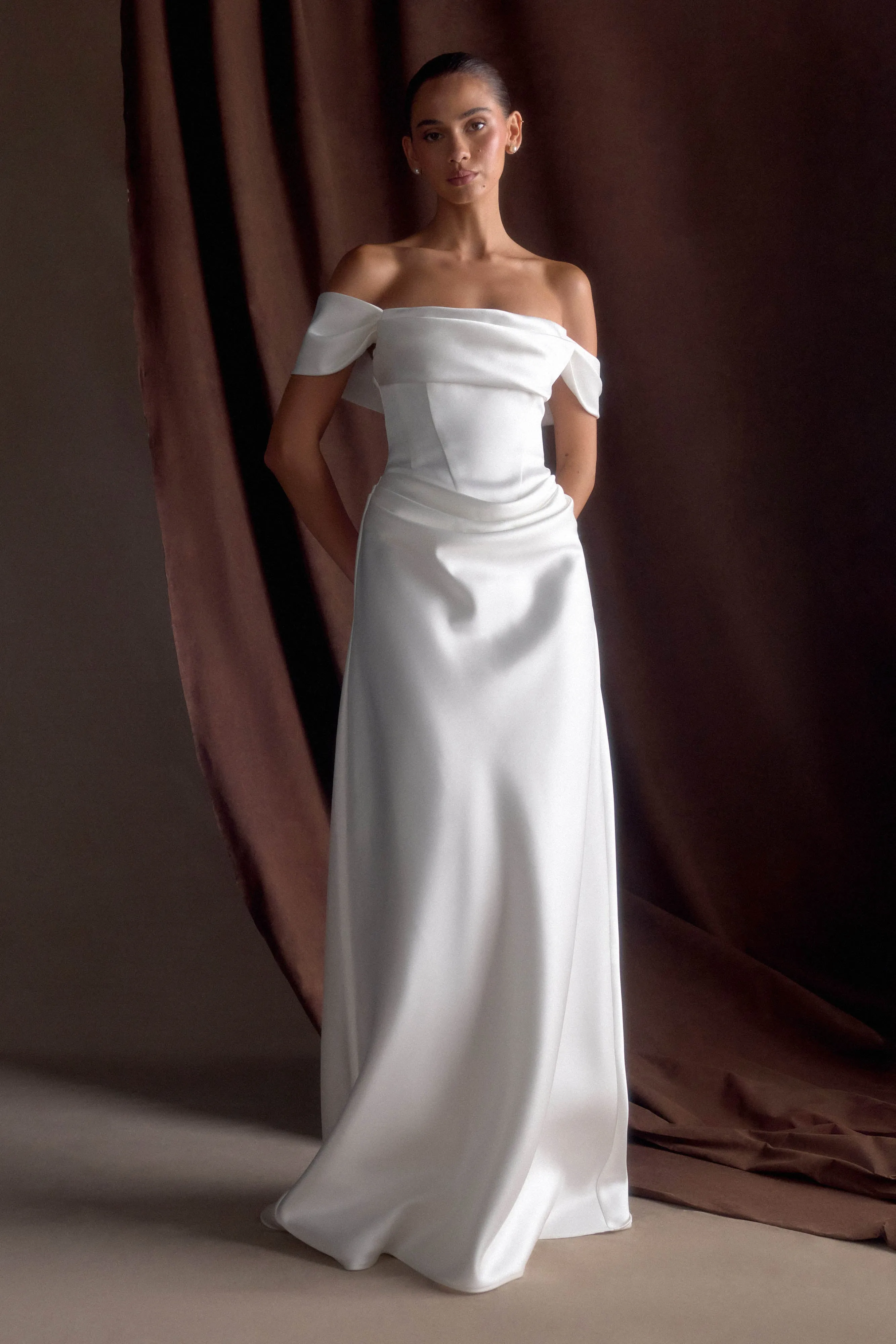 Luna Satin Off Shoulder Gown - White sold by Meshki