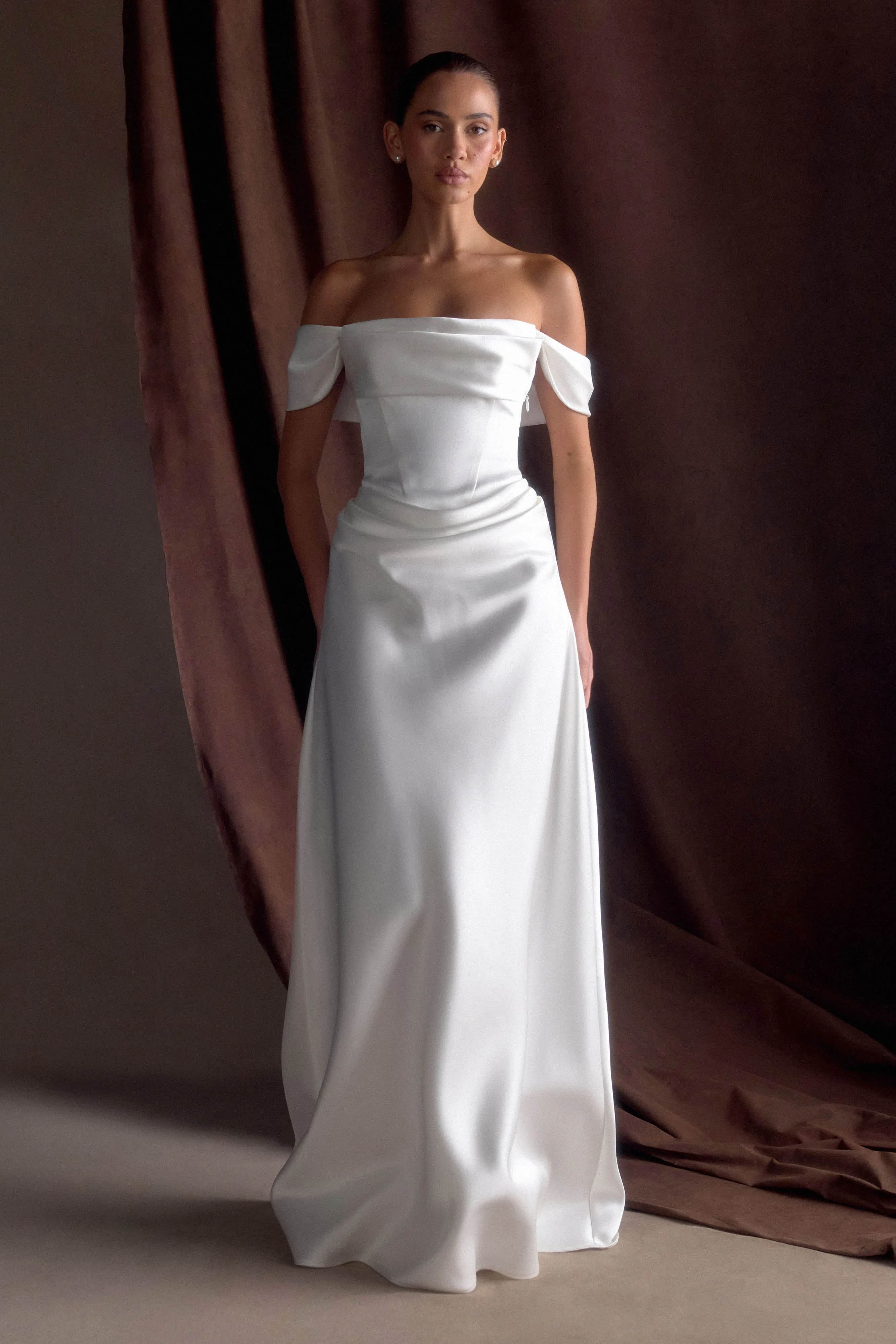 Luna Satin Off Shoulder Gown - White sold by Meshki product image thumbnail 5