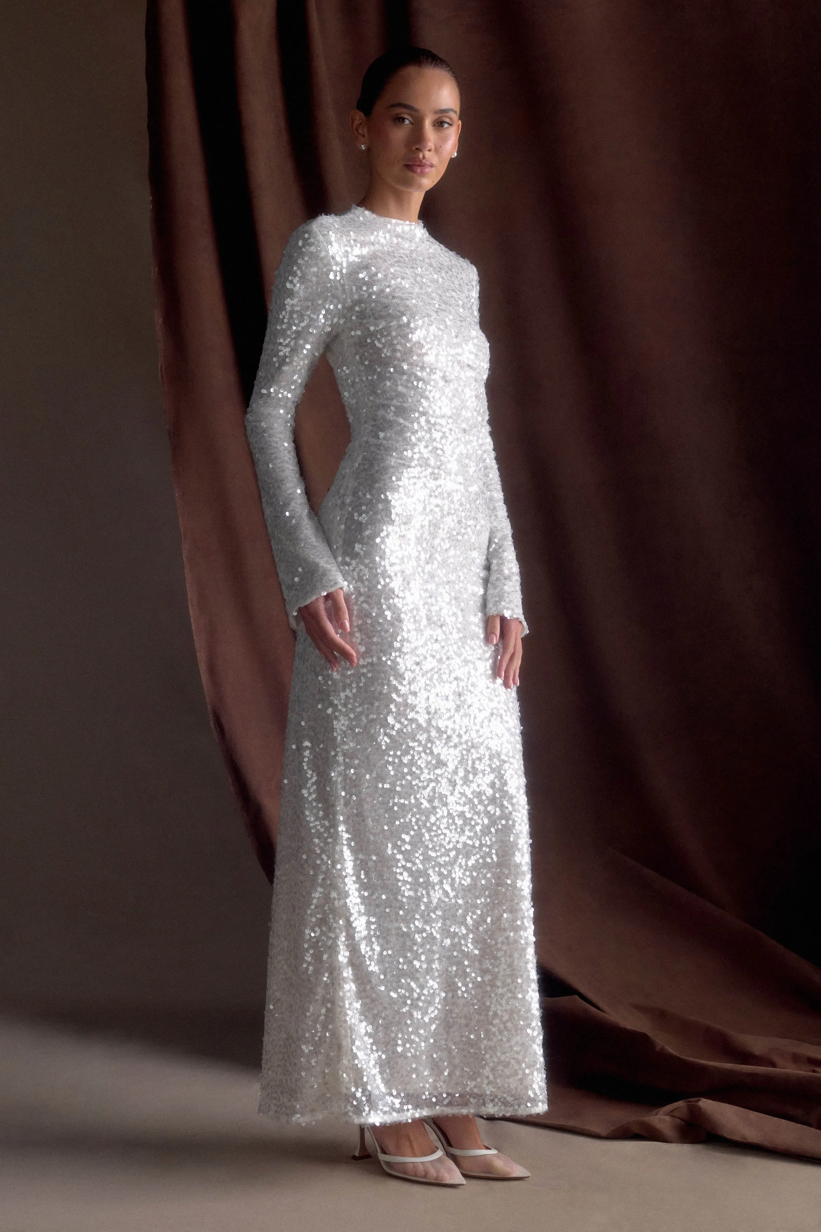 Sofia Long Sleeve Sequin Maxi Dress - White sold by Meshki product image thumbnail 4