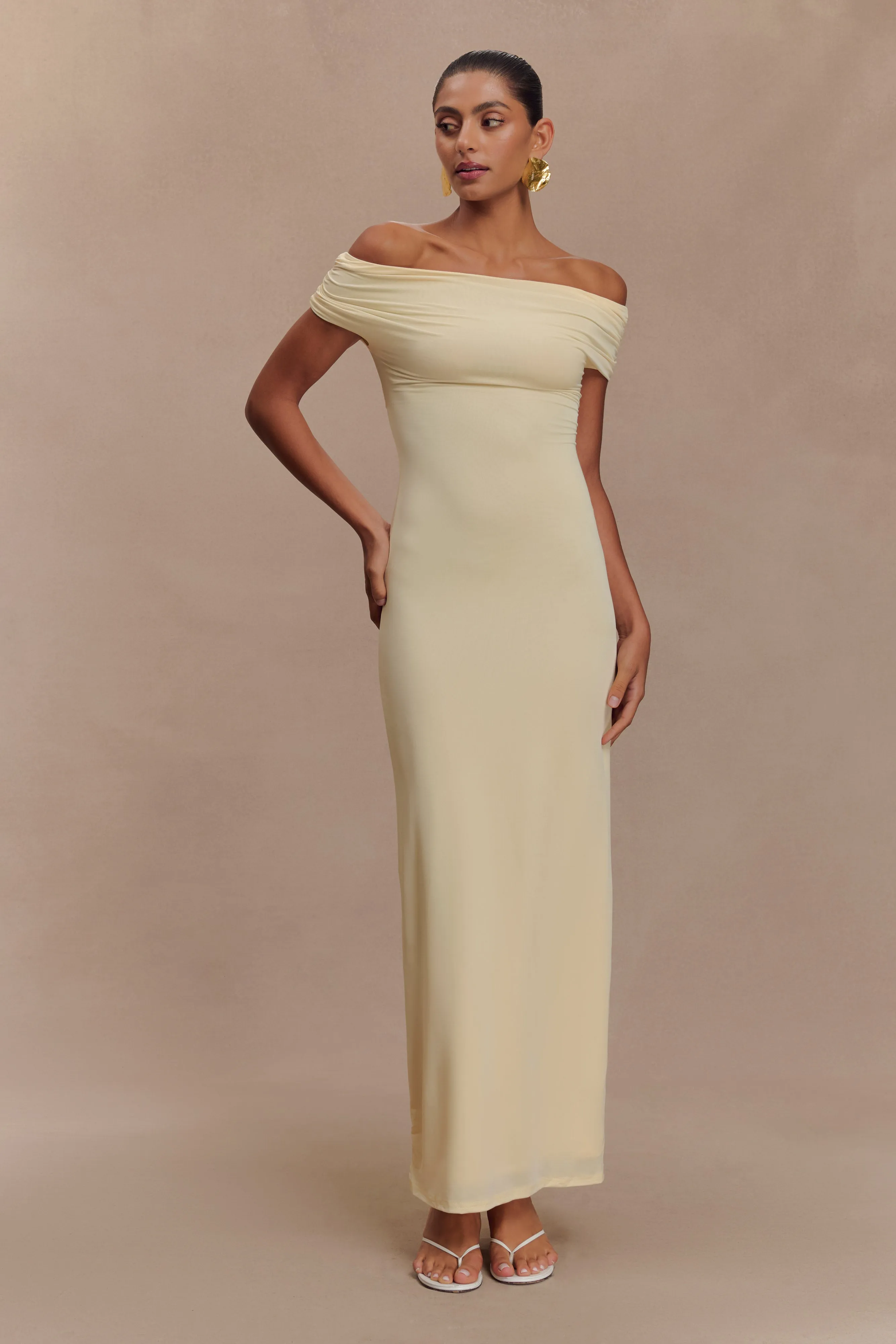 Imogen Off Shoulder Slinky Maxi Dress - Lemon sold by Meshki