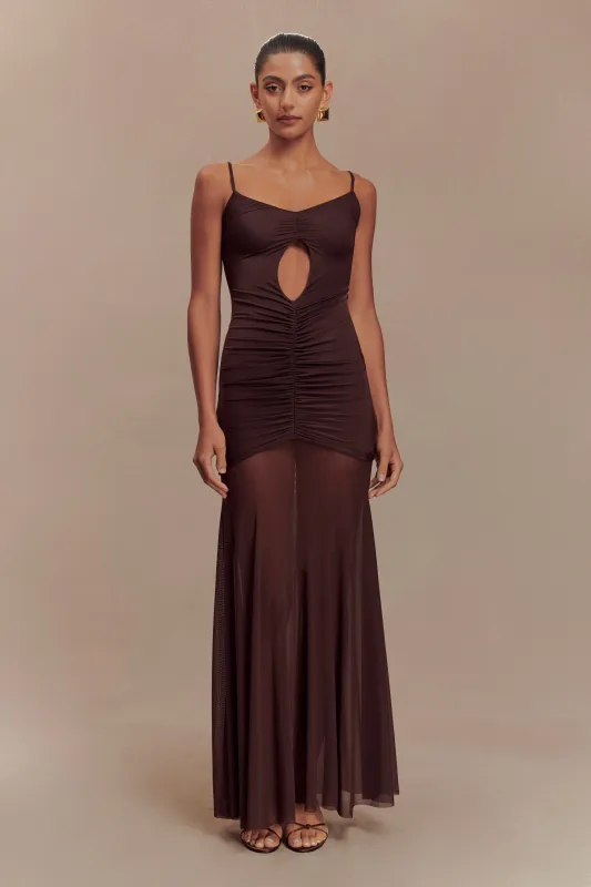 Delaney Slinky And Mesh Maxi Dress - Chocolate sold by Meshki