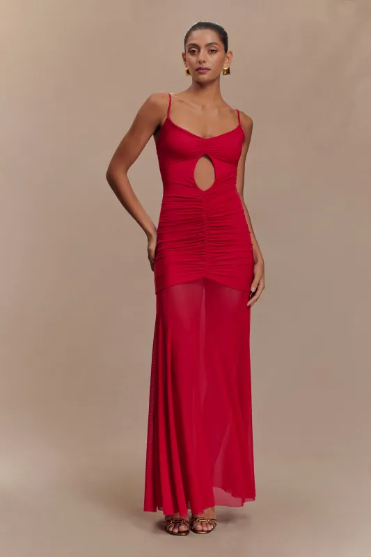 Delaney Slinky And Mesh Maxi Dress - Red sold by Meshki