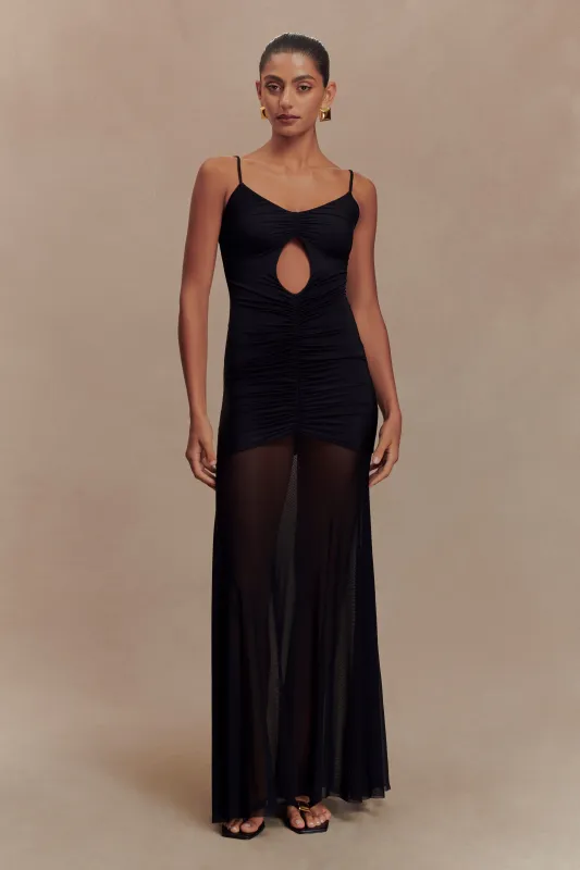 Delaney Slinky And Mesh Maxi Dress - Black sold by Meshki