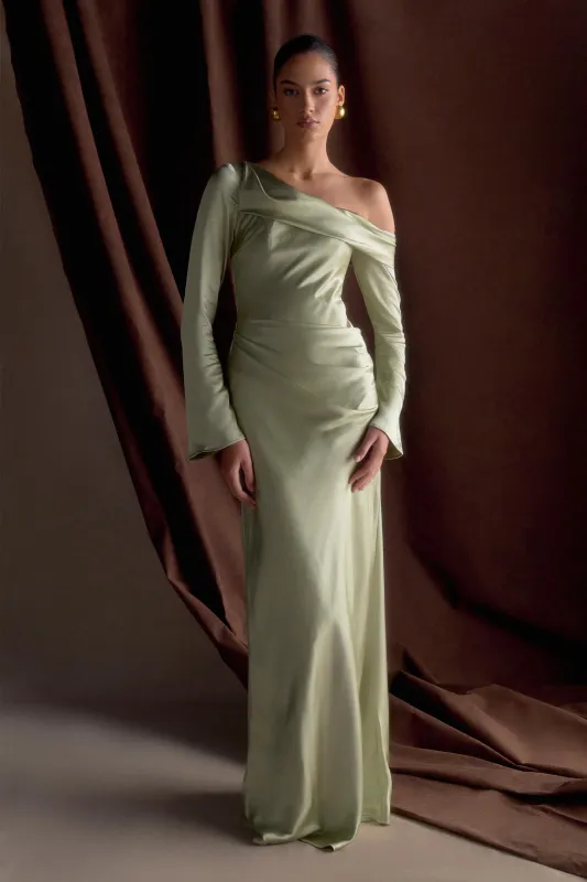 Iris Long Sleeve Satin Maxi Dress - Sage sold by Meshki