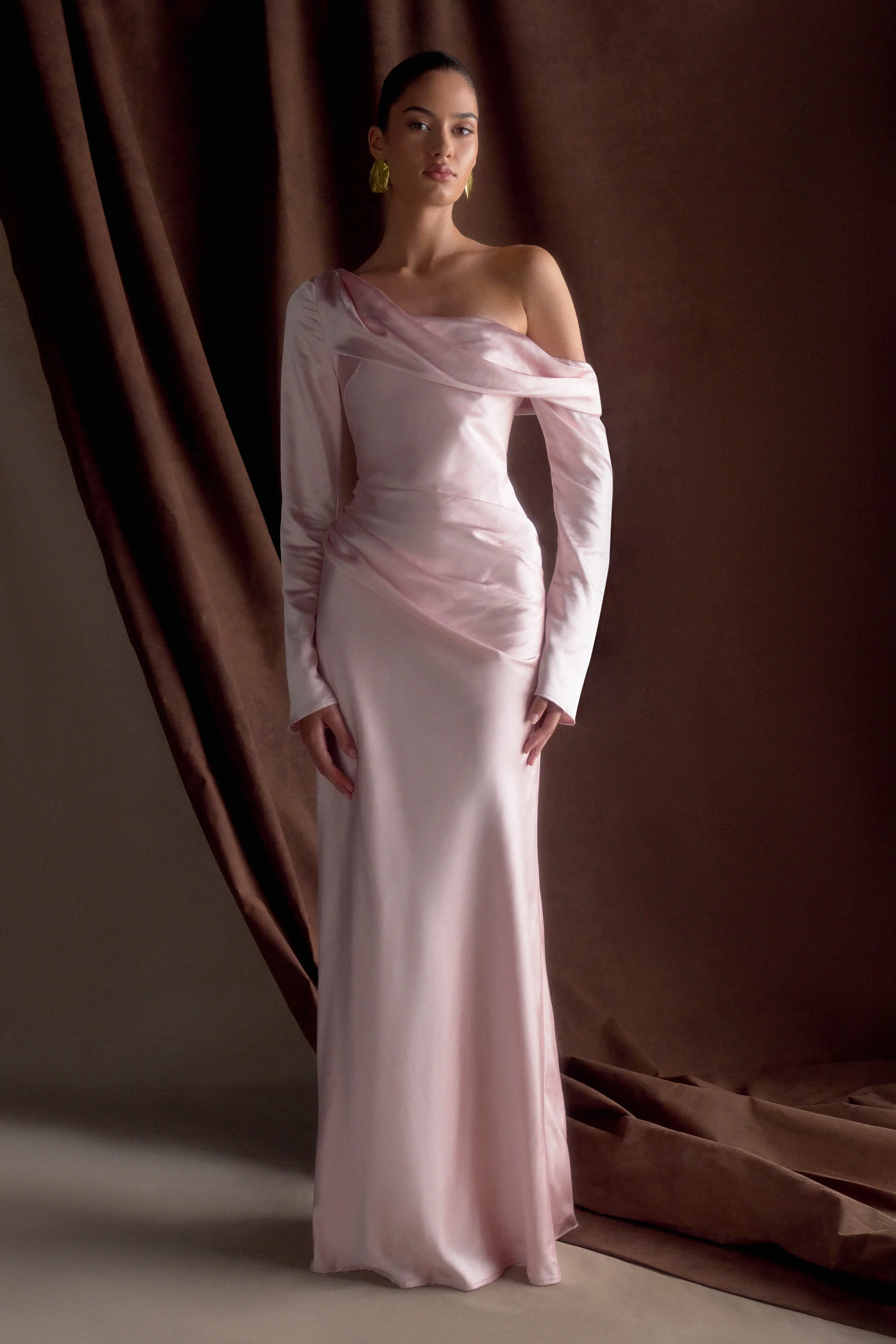 Iris Long Sleeve Satin Maxi Dress - Soft Pink sold by Meshki