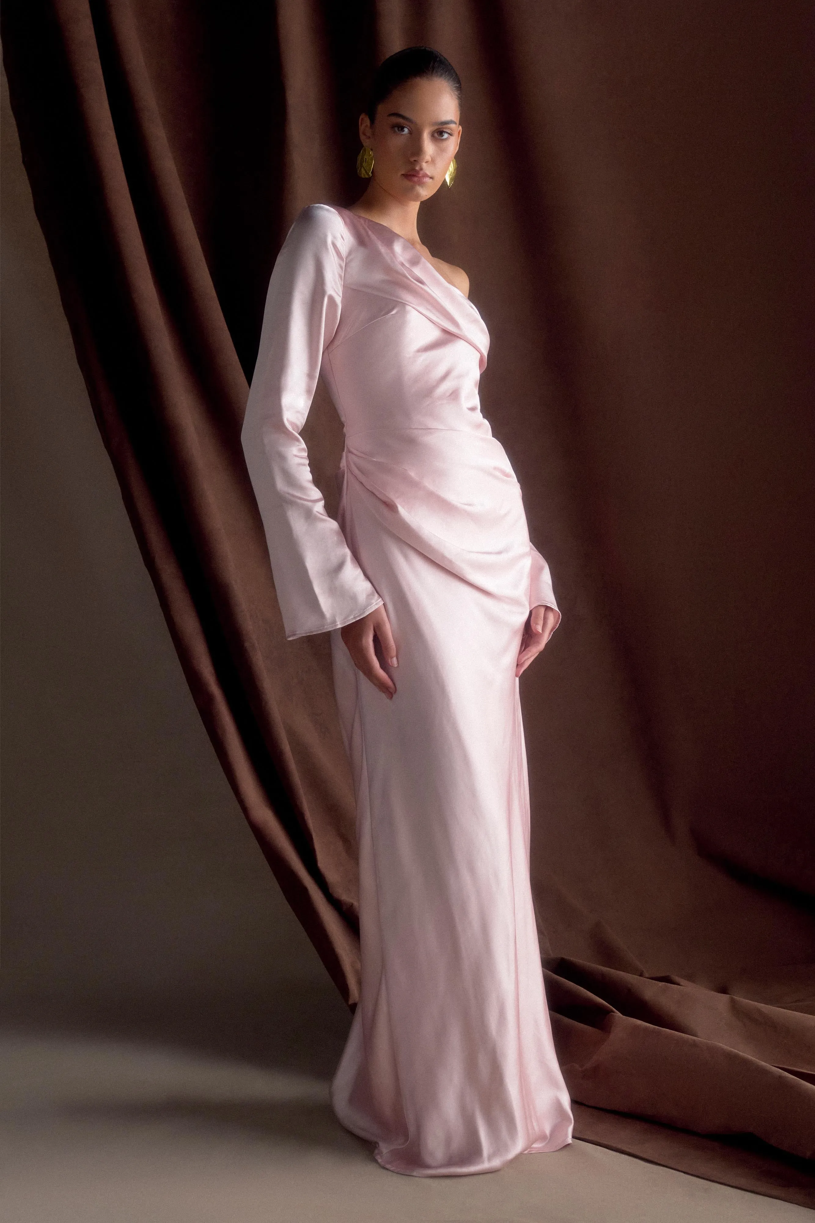Iris Long Sleeve Satin Maxi Dress - Soft Pink sold by Meshki product image thumbnail 4
