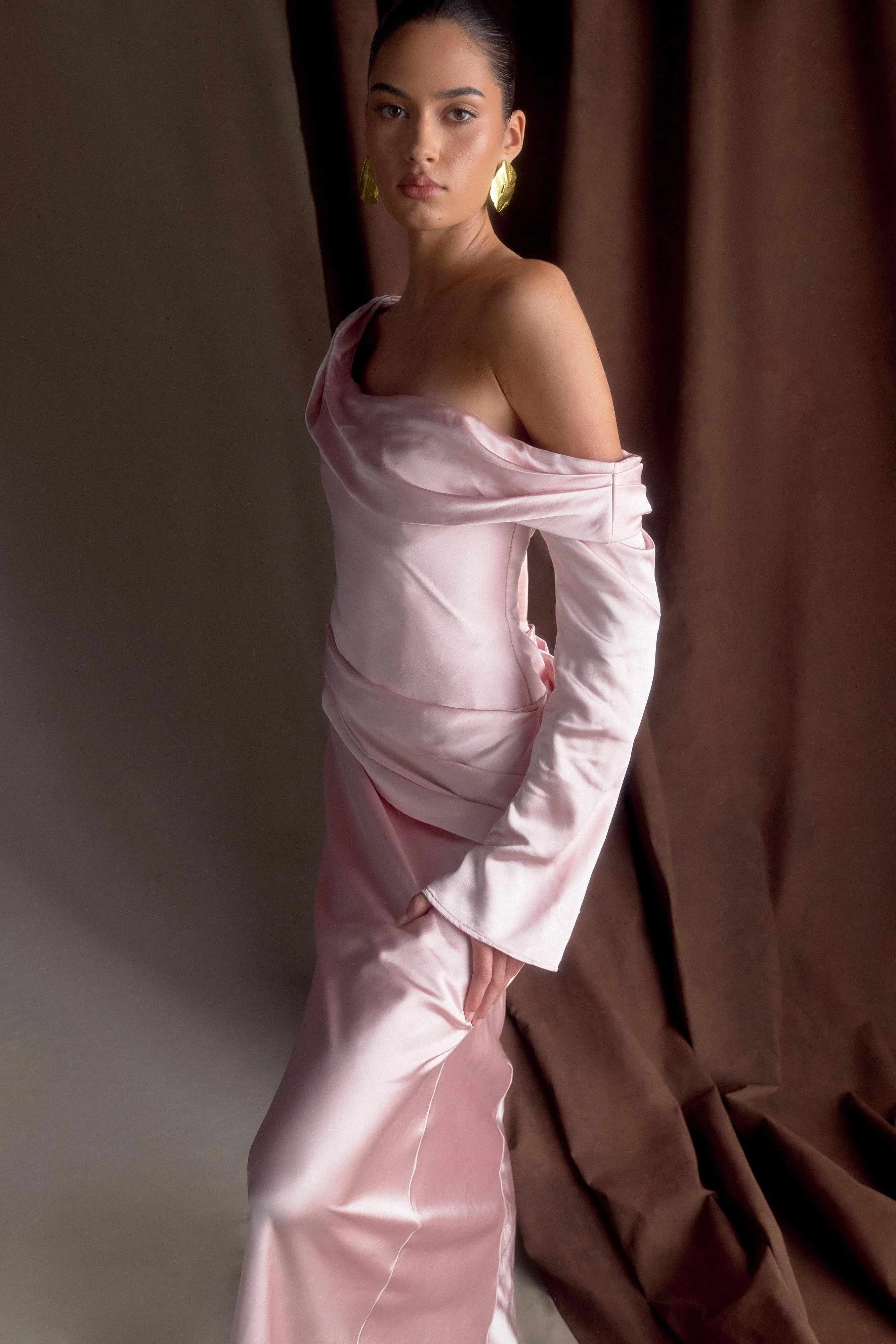 Iris Long Sleeve Satin Maxi Dress - Soft Pink sold by Meshki product image thumbnail 3