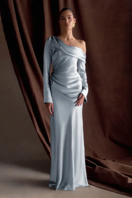 Iris Long Sleeve Satin Maxi Dress - Frosted Blue sold by Meshki