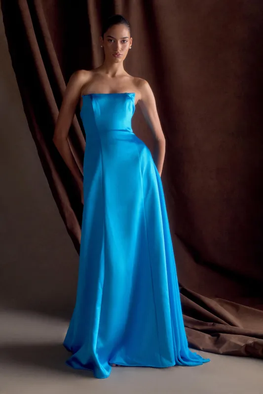 Rosella Satin Strapless Maxi Dress - Cyan Blue sold by Meshki