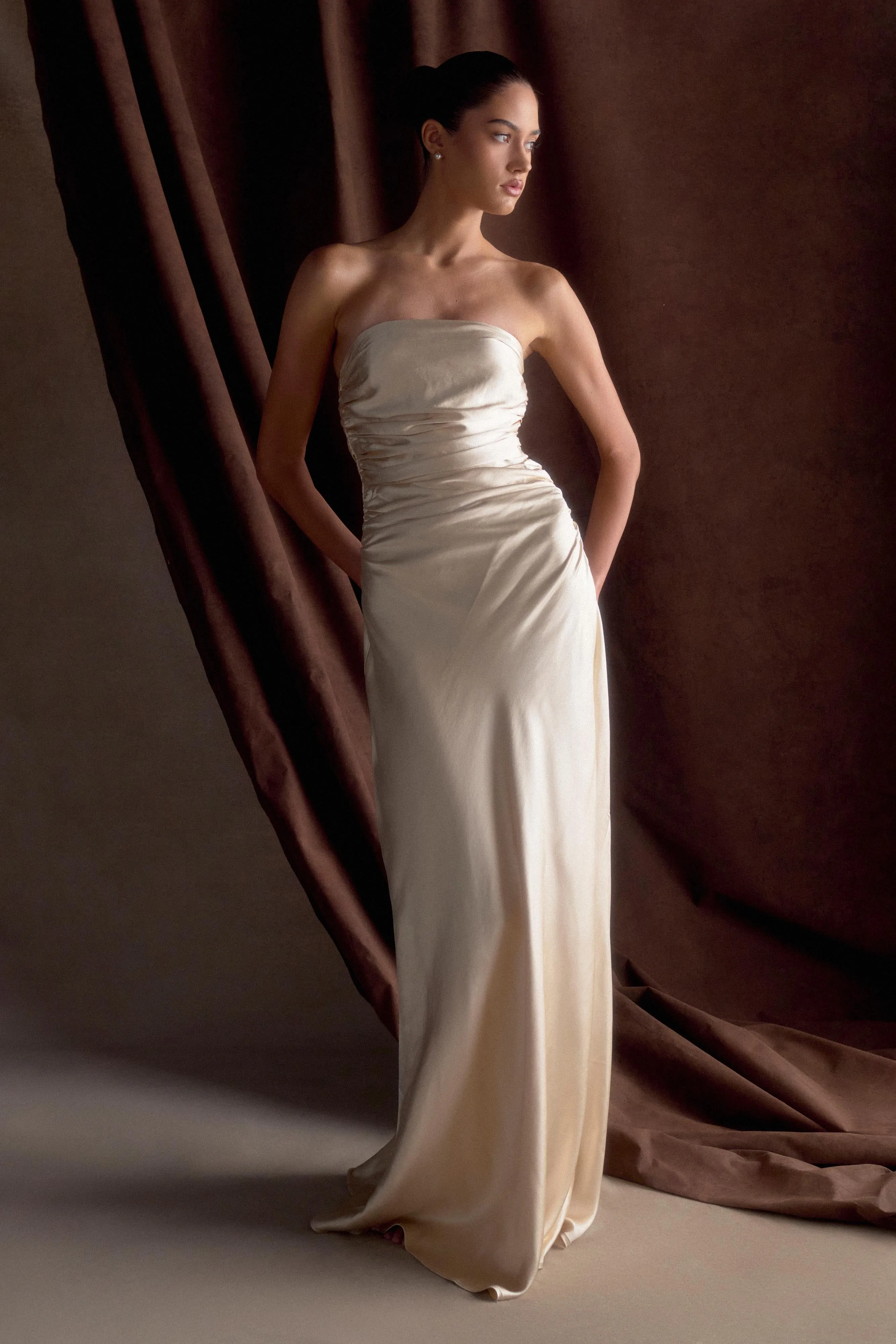 Cedar Strapless Satin Maxi Dress - Blush Gold sold by Meshki product image thumbnail 5