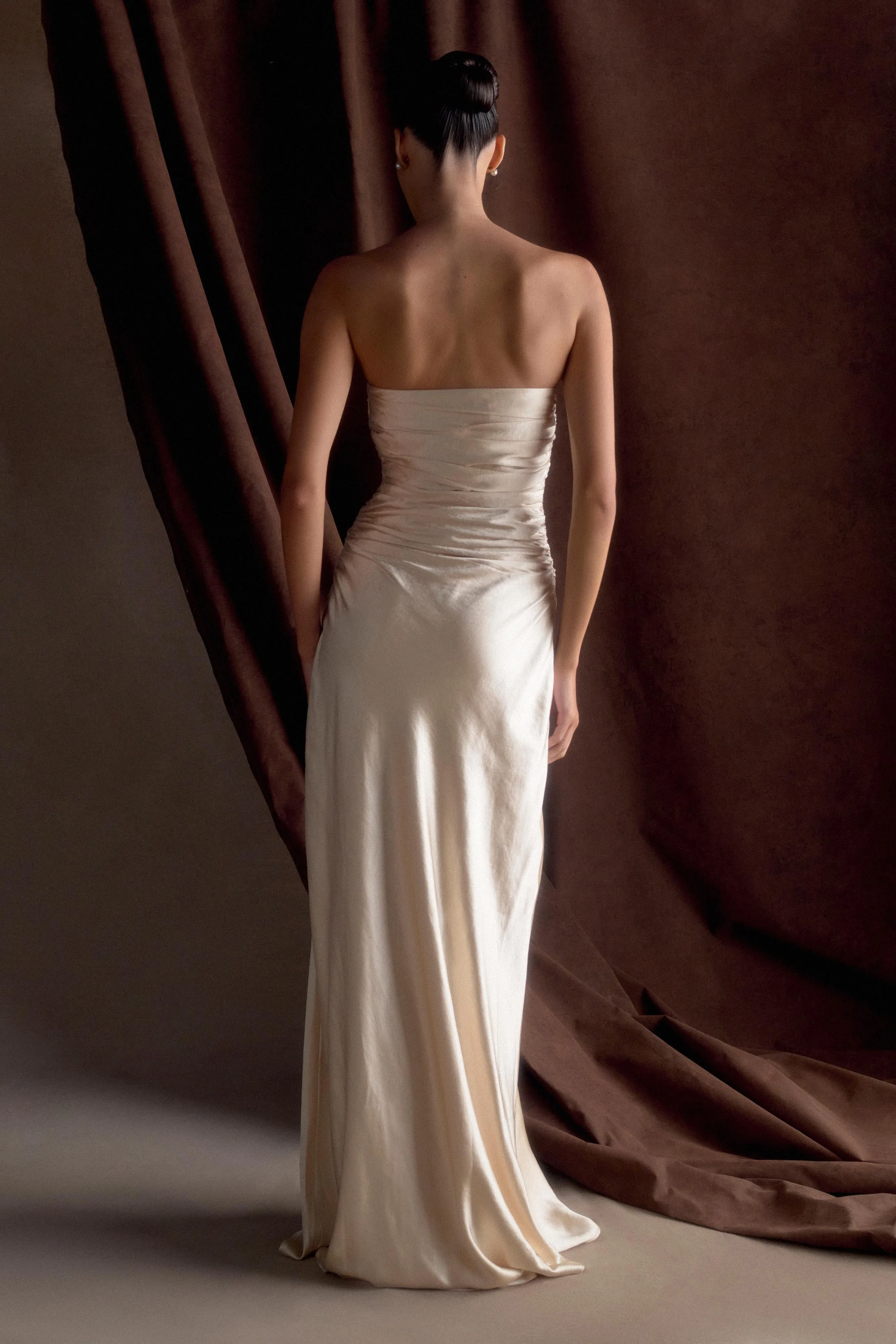 Cedar Strapless Satin Maxi Dress - Blush Gold sold by Meshki product image thumbnail 2