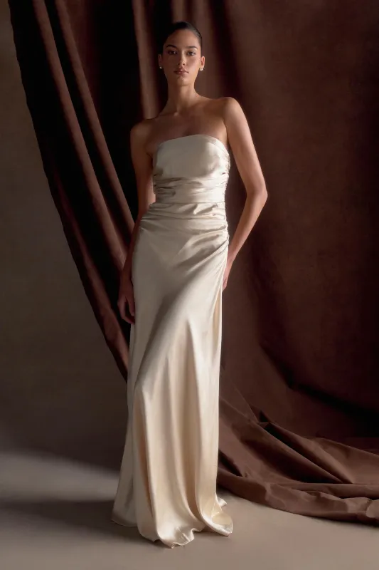 Cedar Strapless Satin Maxi Dress - Blush Gold sold by Meshki