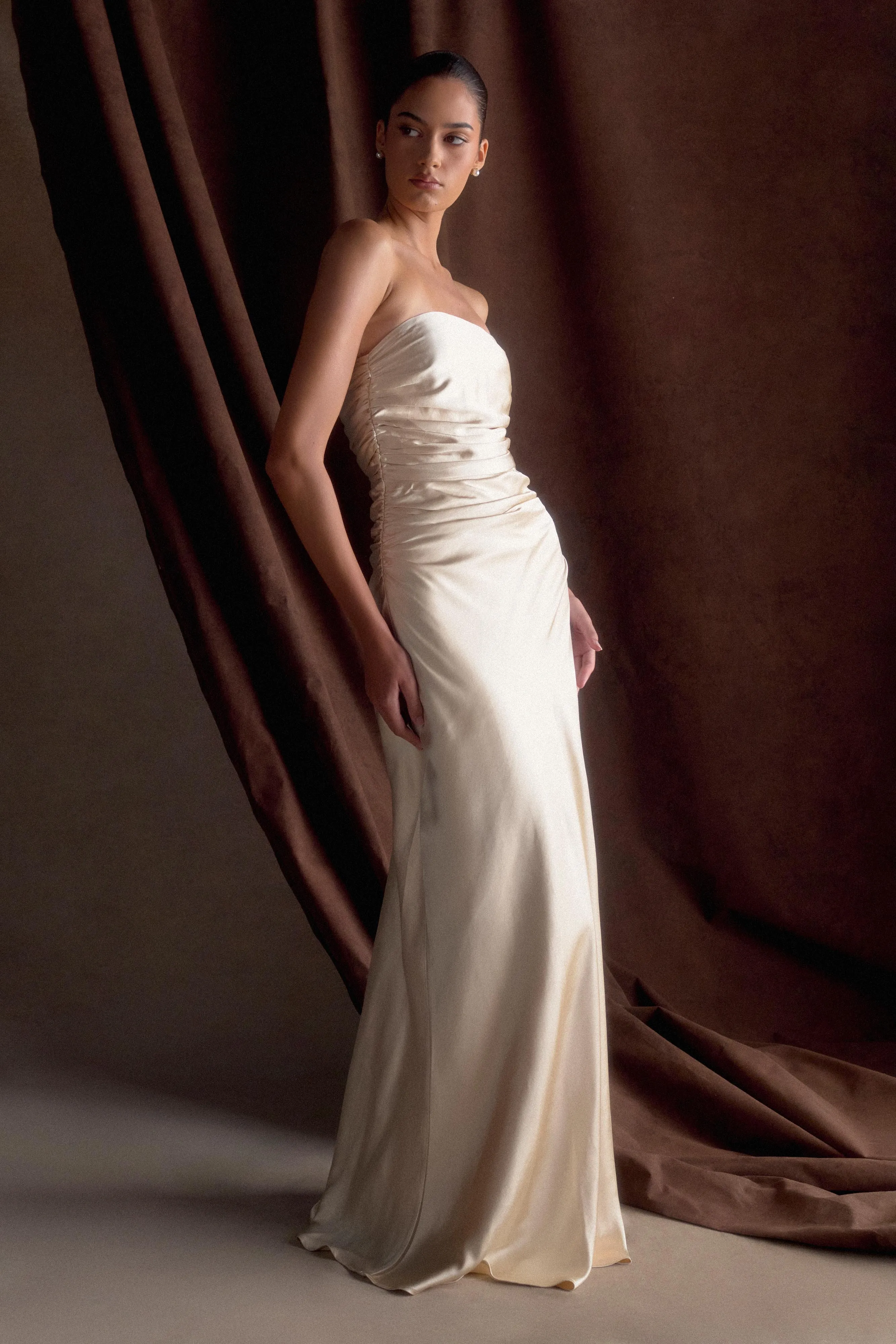 Cedar Strapless Satin Maxi Dress - Blush Gold sold by Meshki product image thumbnail 4