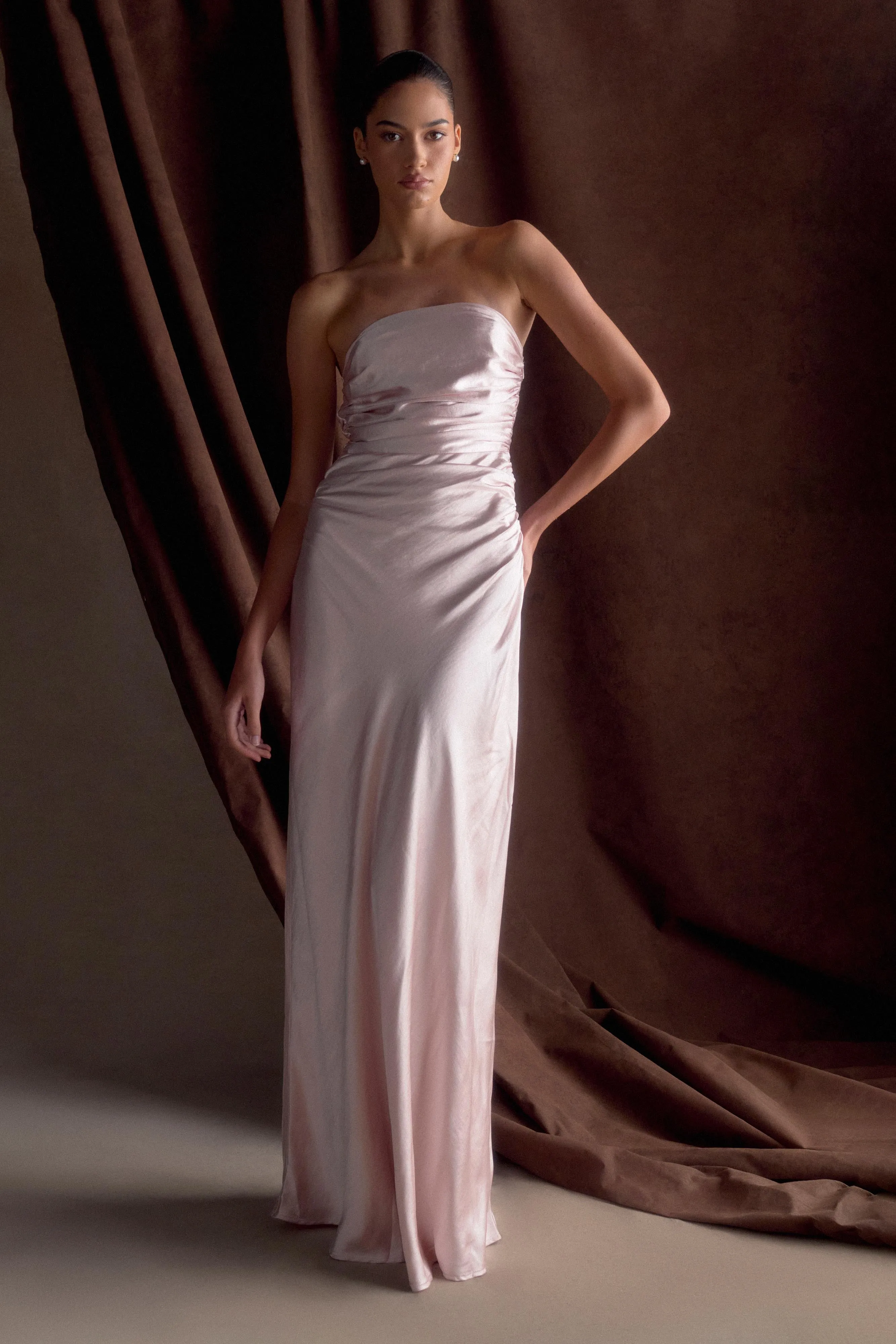 Cedar Strapless Satin Maxi Dress - Soft Pink sold by Meshki