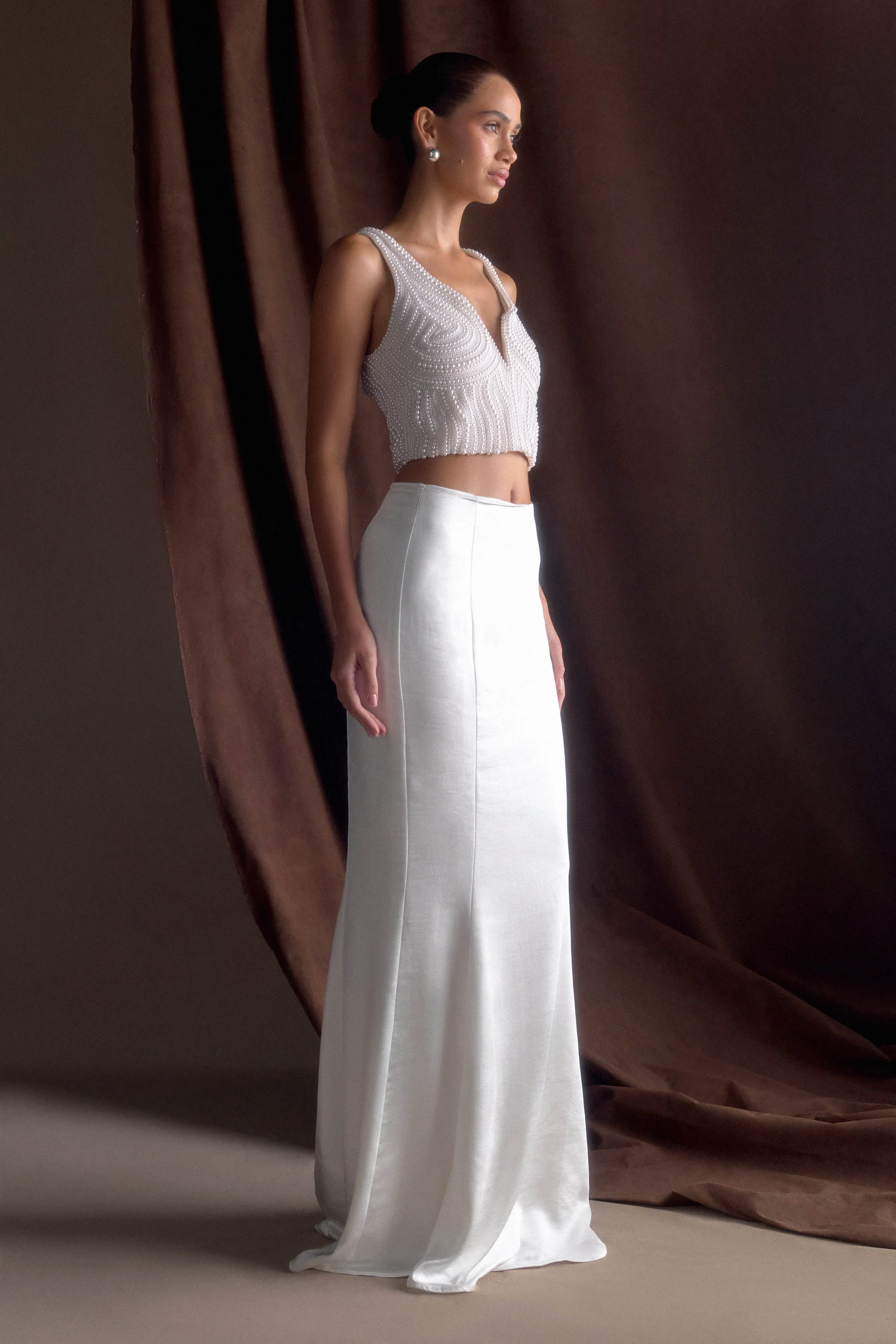 Khloe Satin Fishtail Maxi Skirt - White sold by Meshki product image thumbnail 3