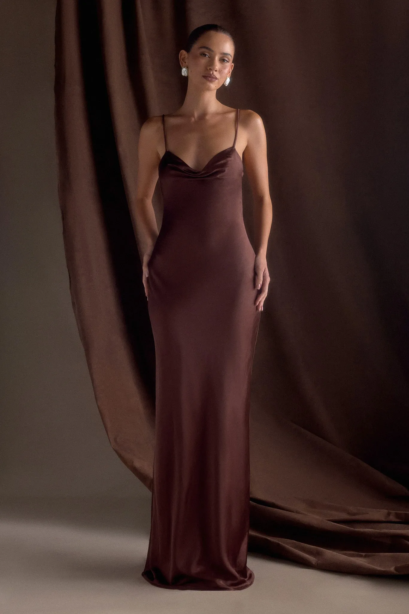 Lilly Sweetheart Satin Maxi Dress - Dark Chocolate sold by Meshki