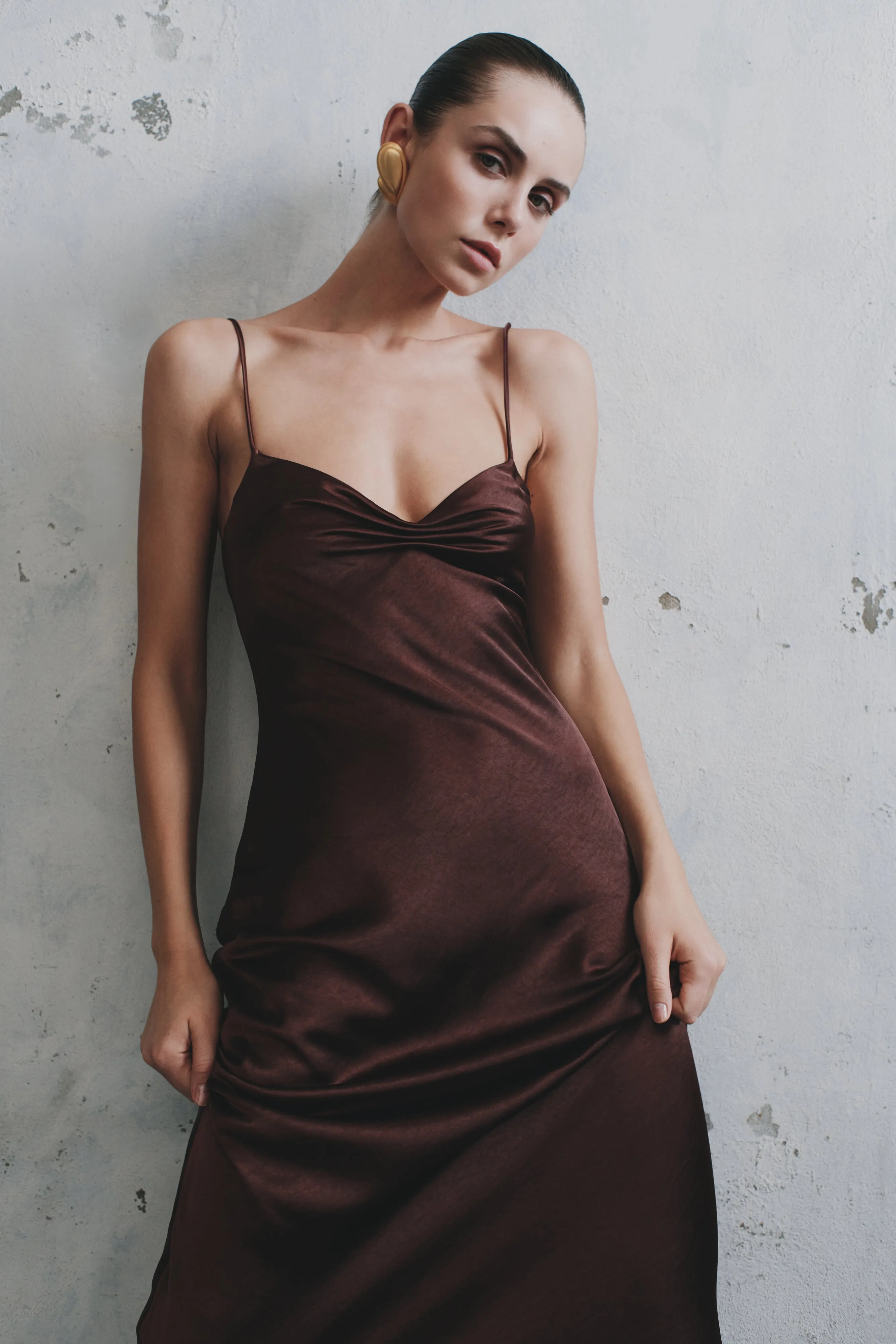 Lilly Sweetheart Satin Maxi Dress - Dark Chocolate sold by Meshki product image thumbnail 3
