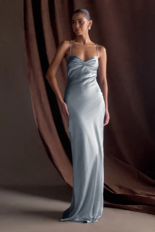 Lilly Sweetheart Satin Maxi Dress - Frosted Blue sold by Meshki