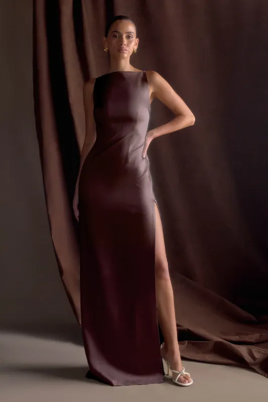 Violet Sleeveless Satin Maxi Dress - Dark Chocolate made by Meshki