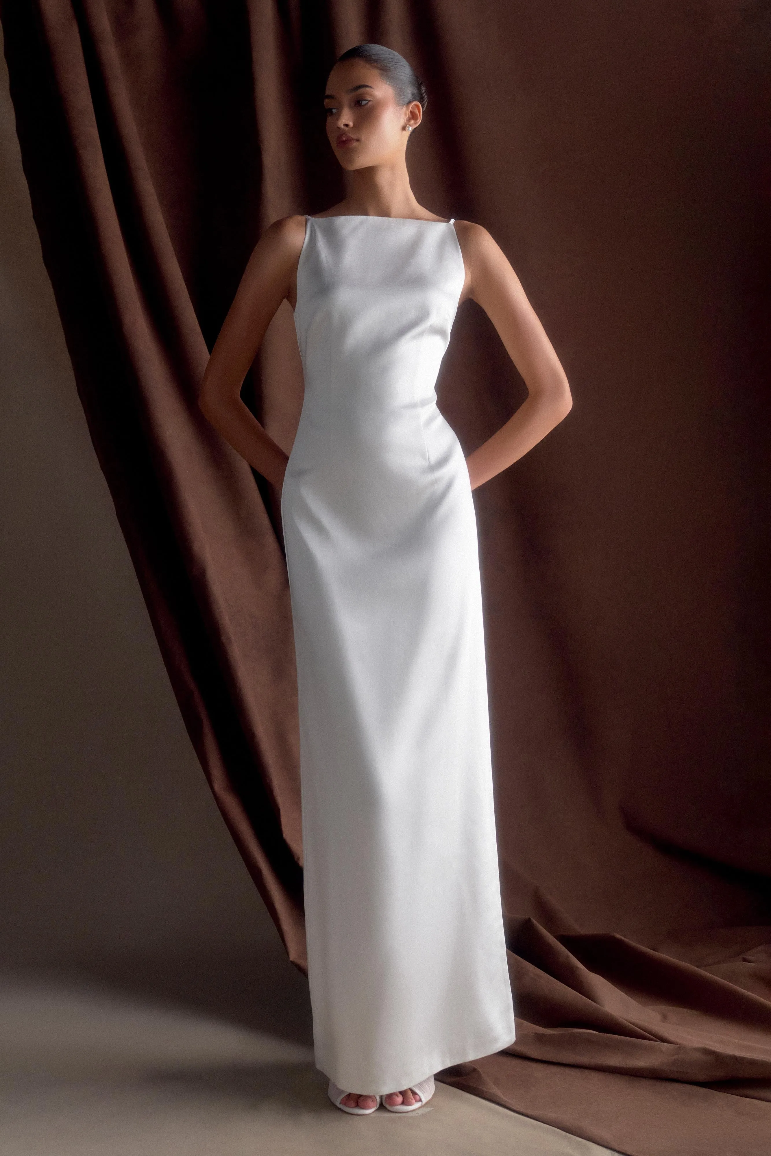Violet Sleeveless Satin Maxi Dress - White sold by Meshki product image thumbnail 5
