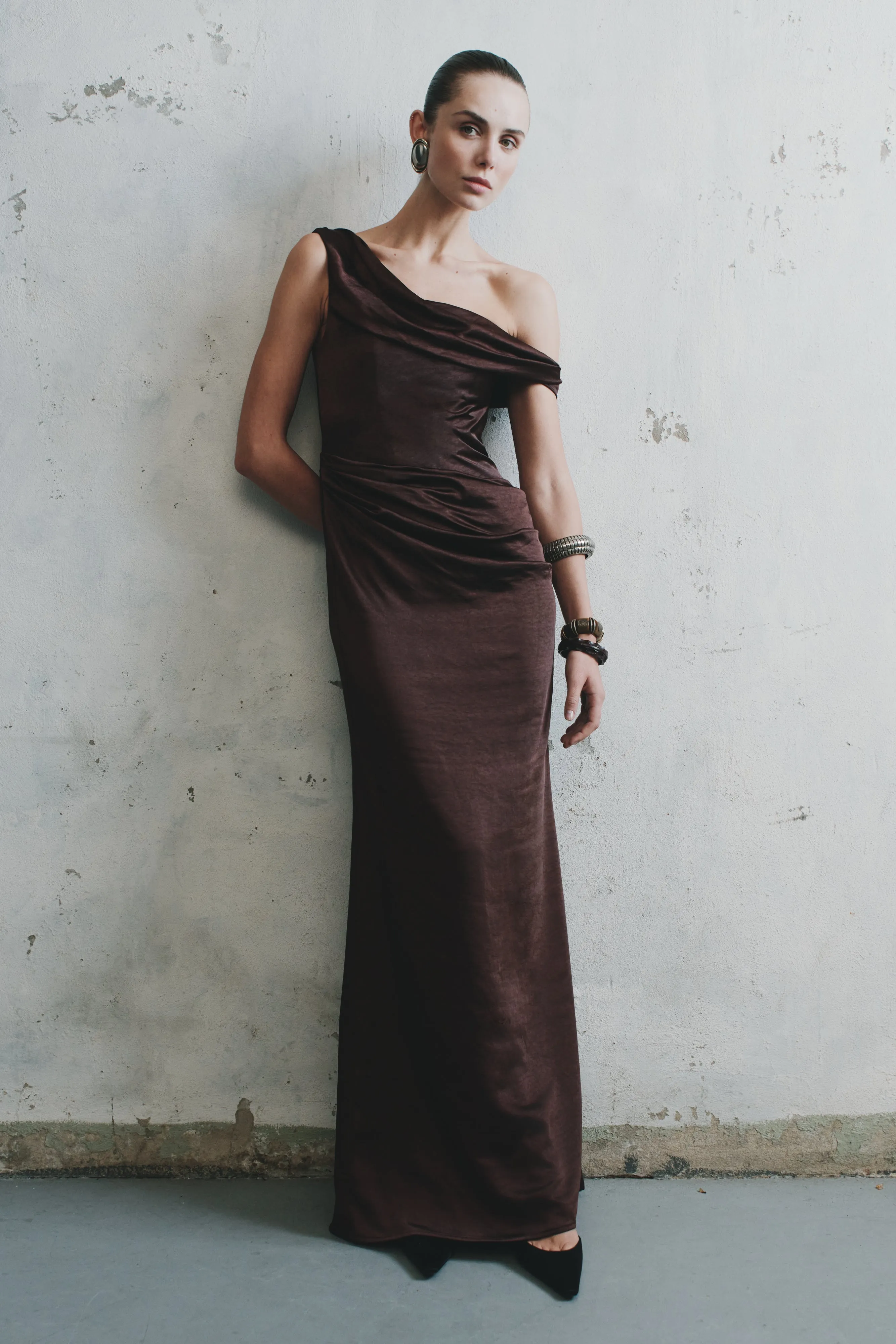 Dalia Off Shoulder Satin Maxi Dress - Dark Chocolate sold by Meshki product image thumbnail 3