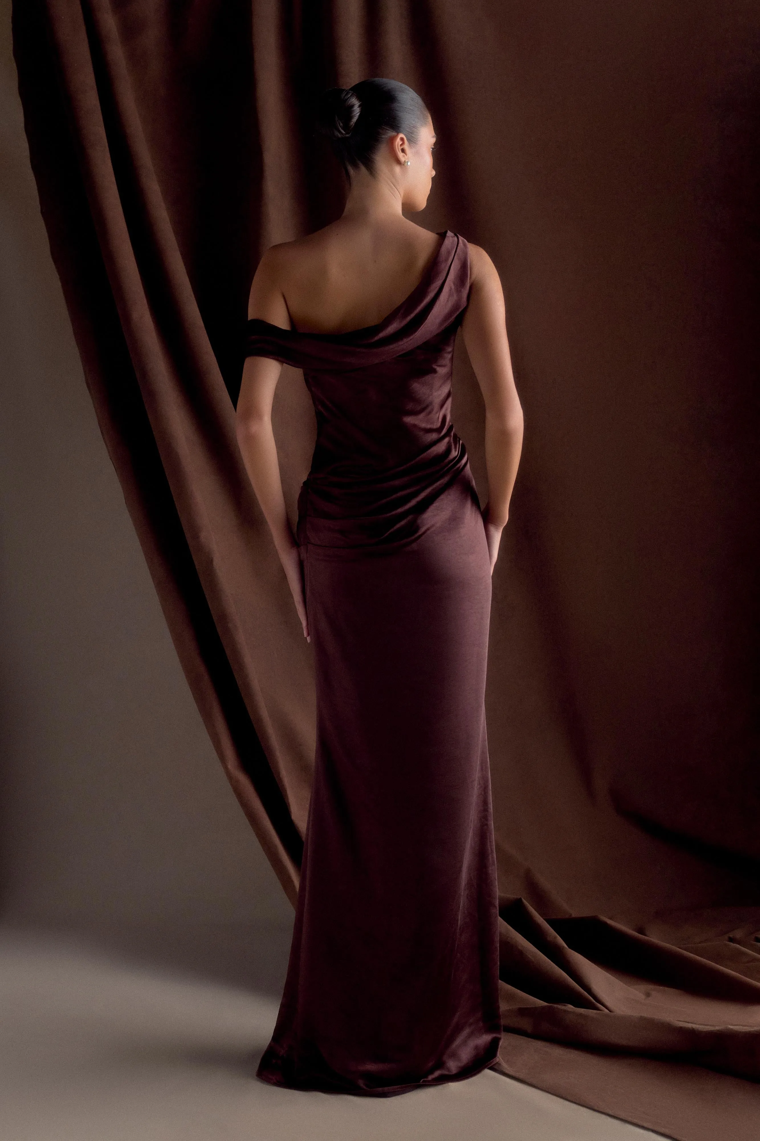 Dalia Off Shoulder Satin Maxi Dress - Dark Chocolate sold by Meshki product image thumbnail 2