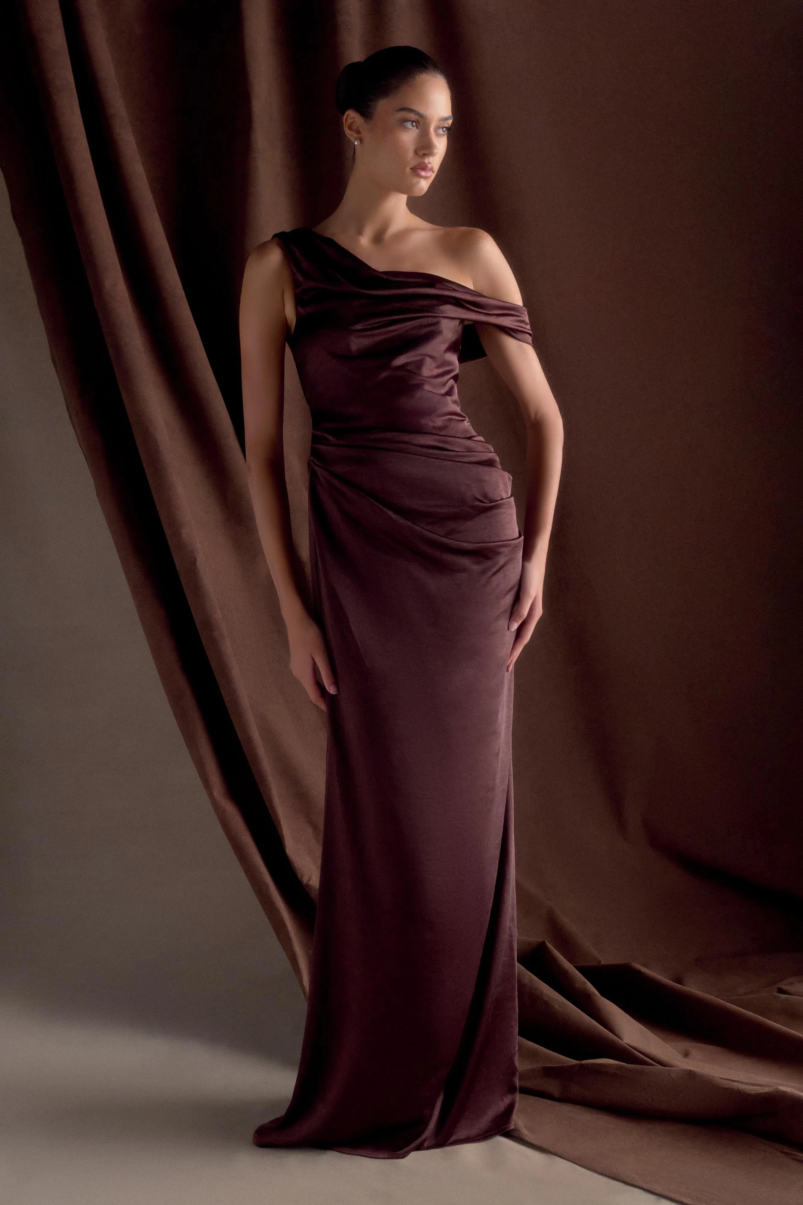 Dalia Off Shoulder Satin Maxi Dress - Dark Chocolate sold by Meshki product image thumbnail 5