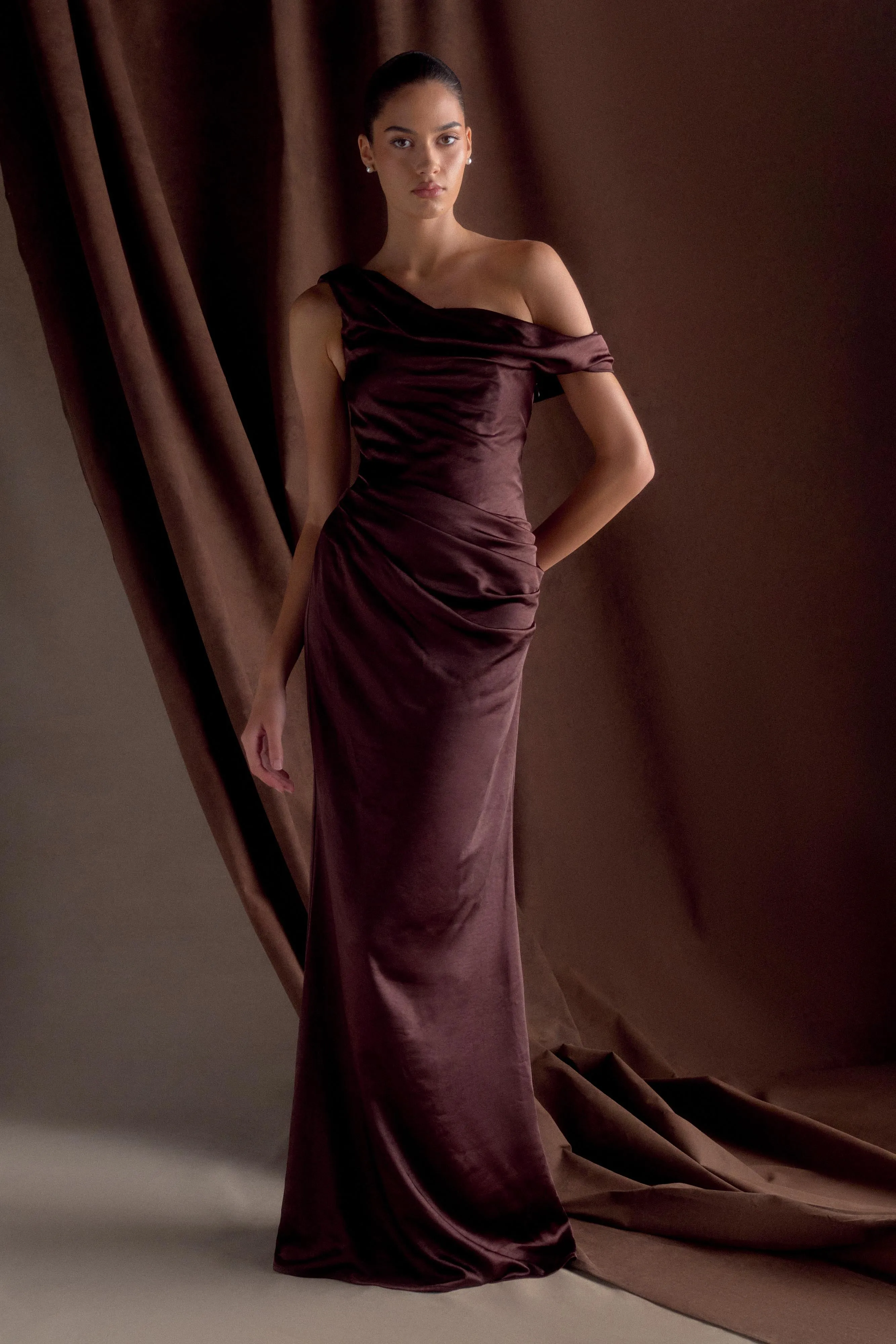 Dalia Off Shoulder Satin Maxi Dress - Dark Chocolate sold by Meshki
