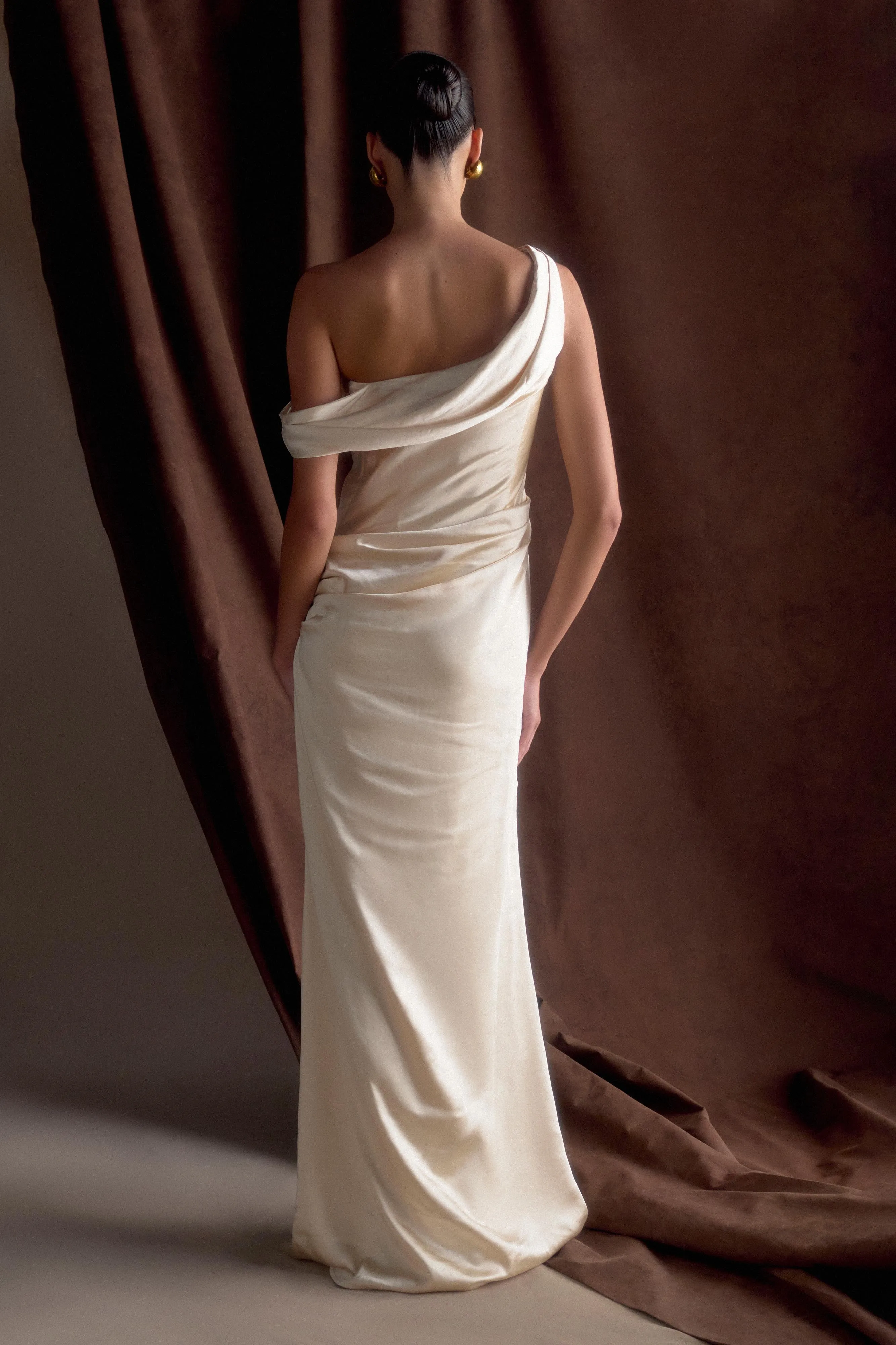 Dalia Off Shoulder Satin Maxi Dress - Blush Gold sold by Meshki product image thumbnail 2