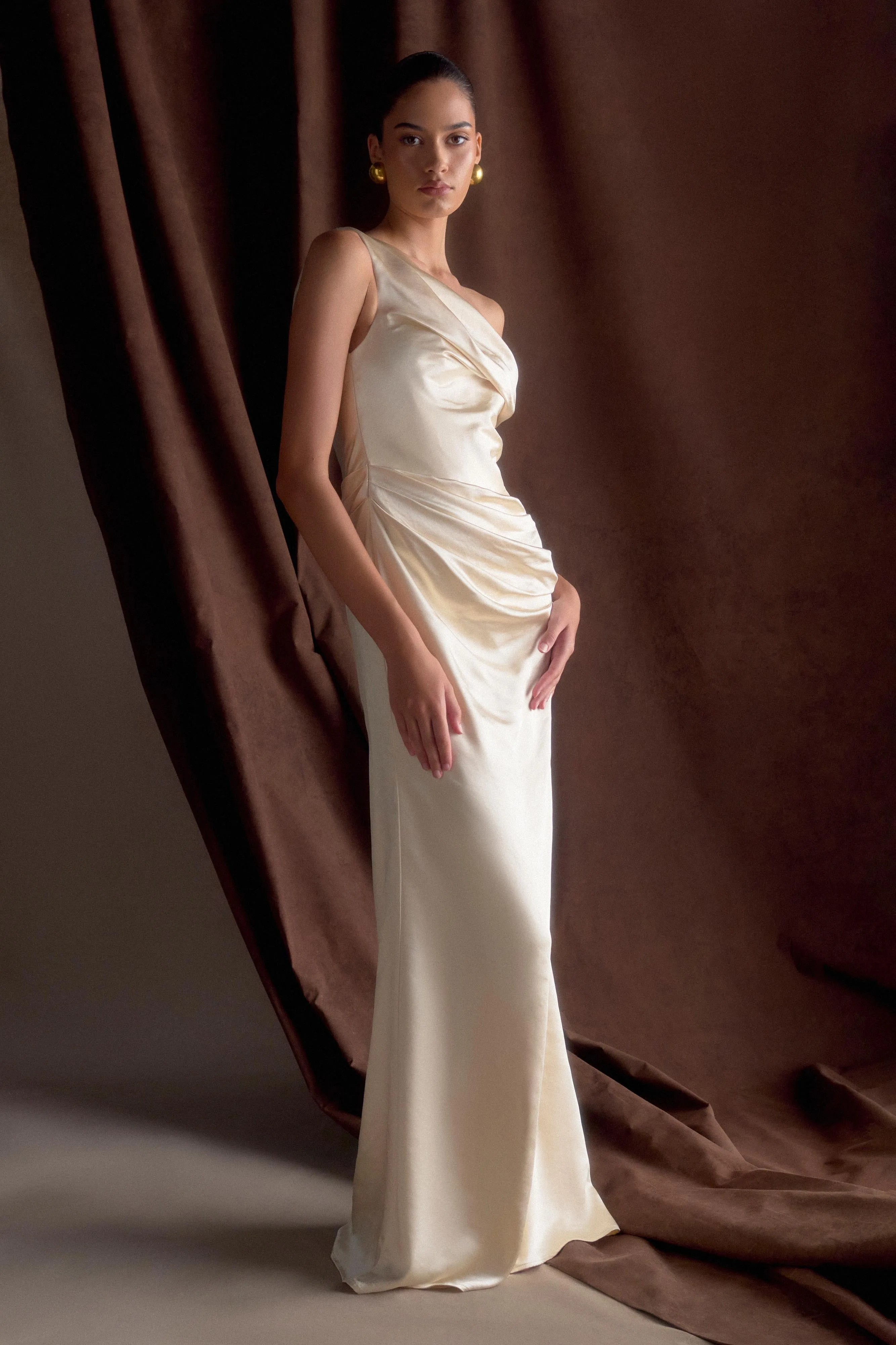 Dalia Off Shoulder Satin Maxi Dress - Blush Gold sold by Meshki product image thumbnail 4