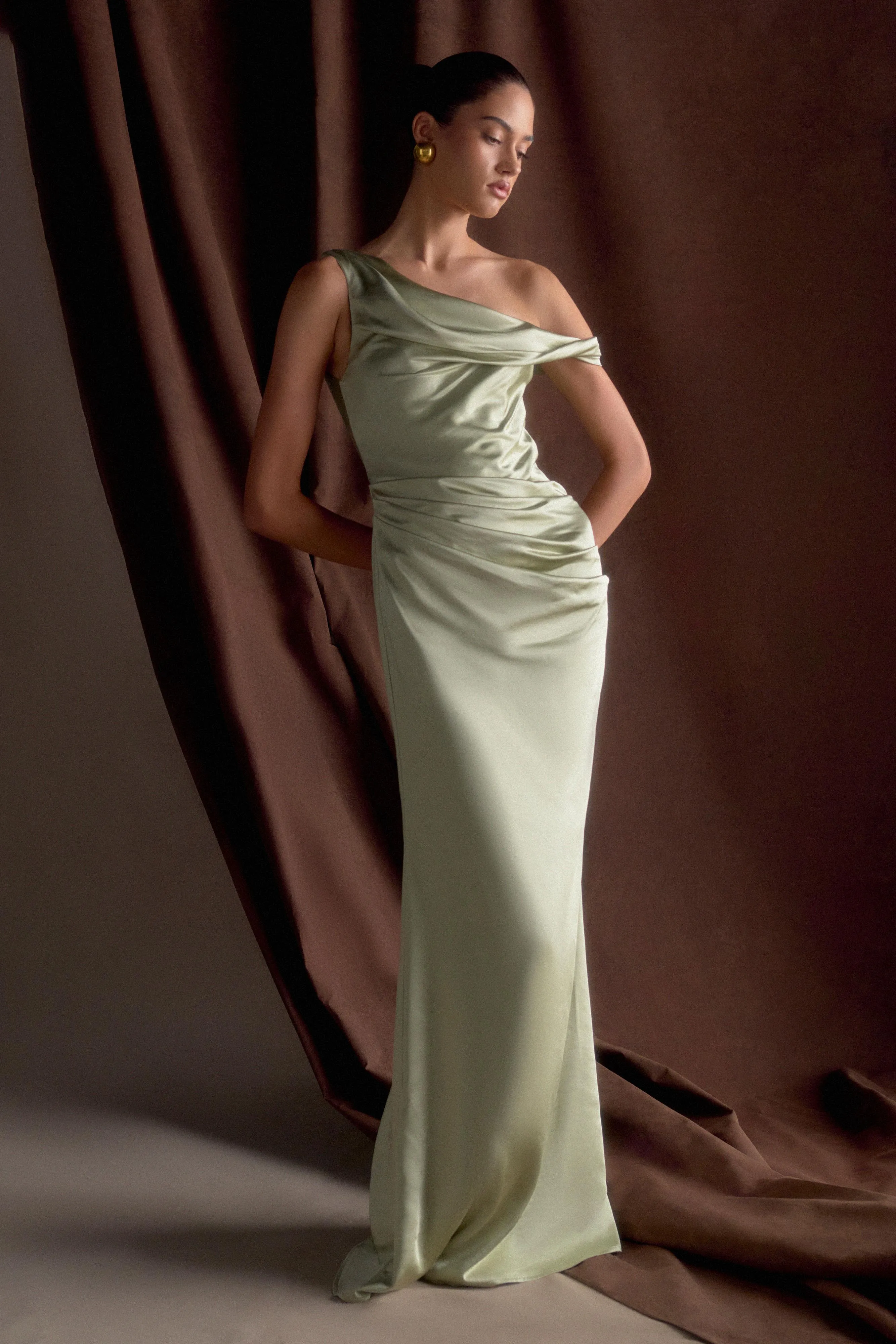Dalia Off Shoulder Satin Maxi Dress - Sage sold by Meshki product image thumbnail 5