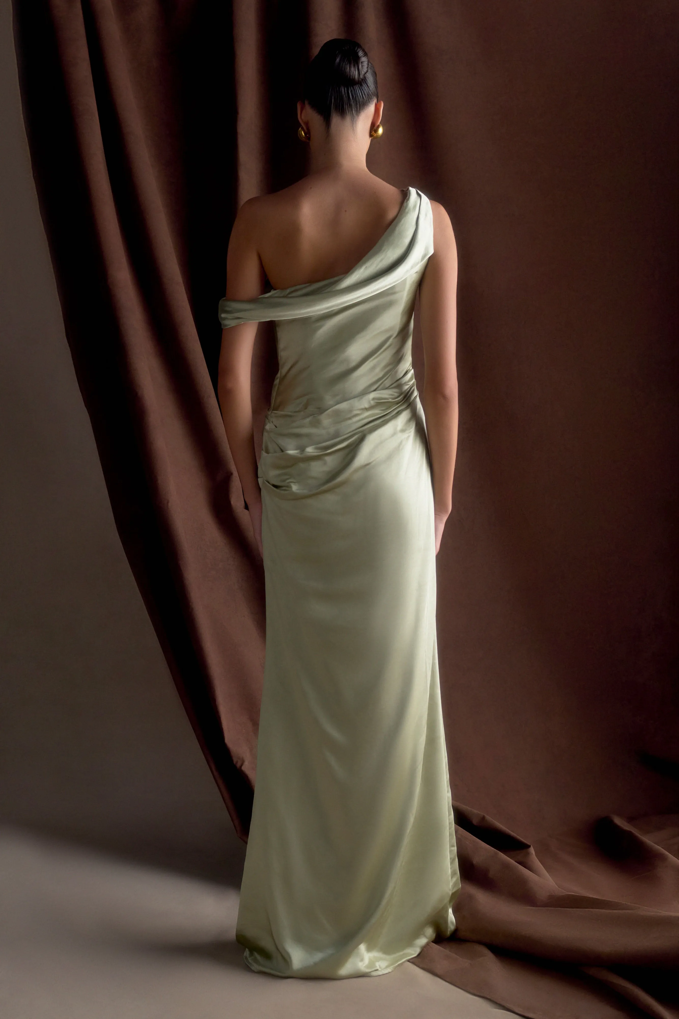 Dalia Off Shoulder Satin Maxi Dress - Sage sold by Meshki product image thumbnail 2