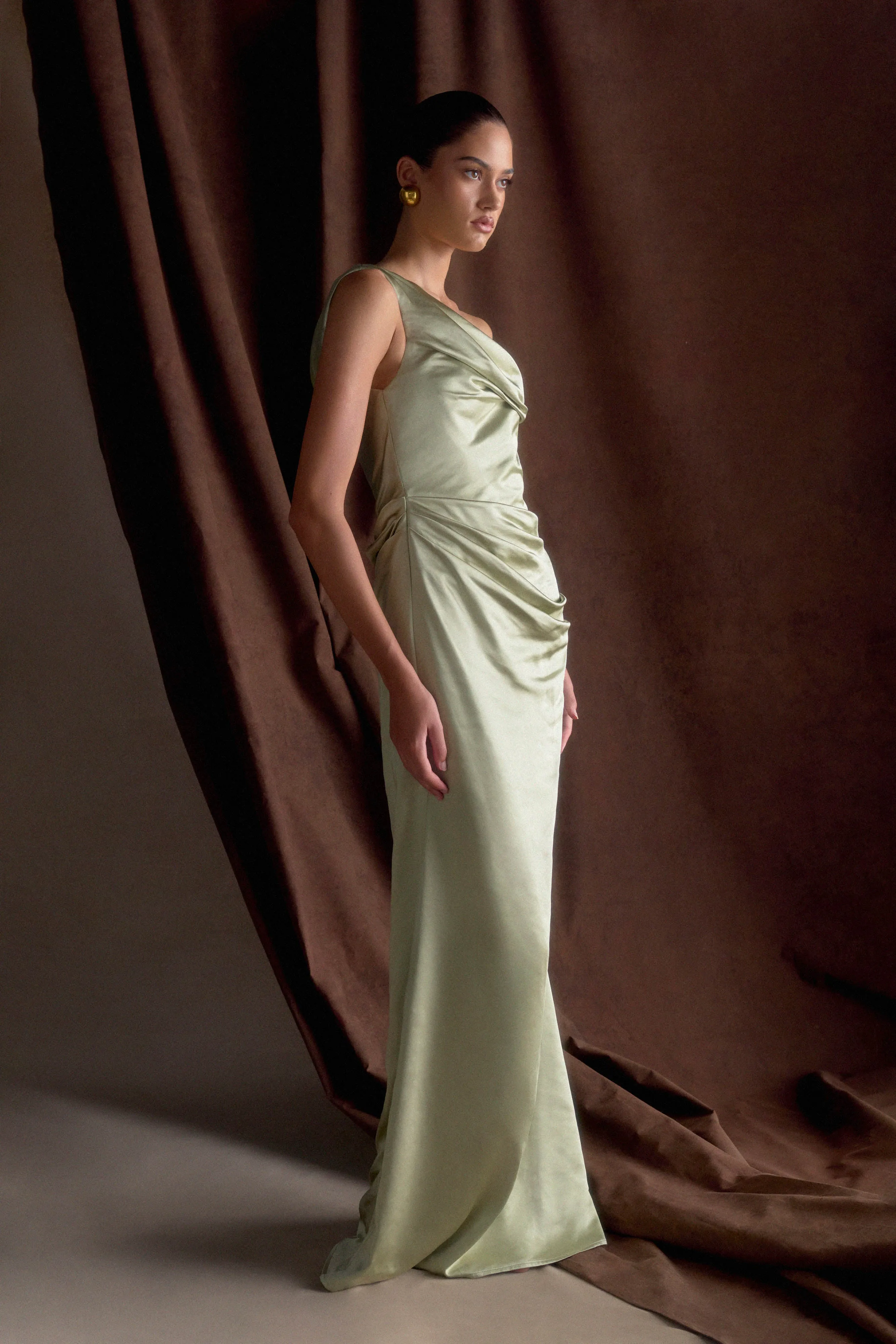 Dalia Off Shoulder Satin Maxi Dress - Sage sold by Meshki product image thumbnail 4