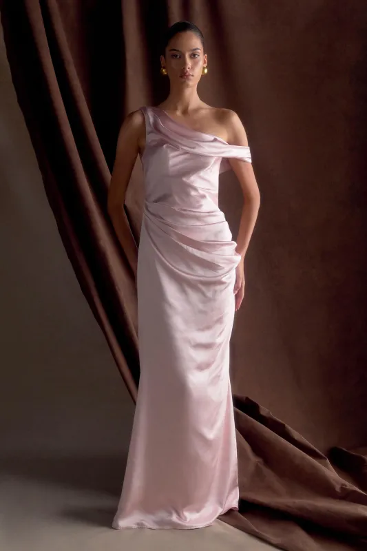 Dalia Off Shoulder Satin Maxi Dress - Soft Pink sold by Meshki