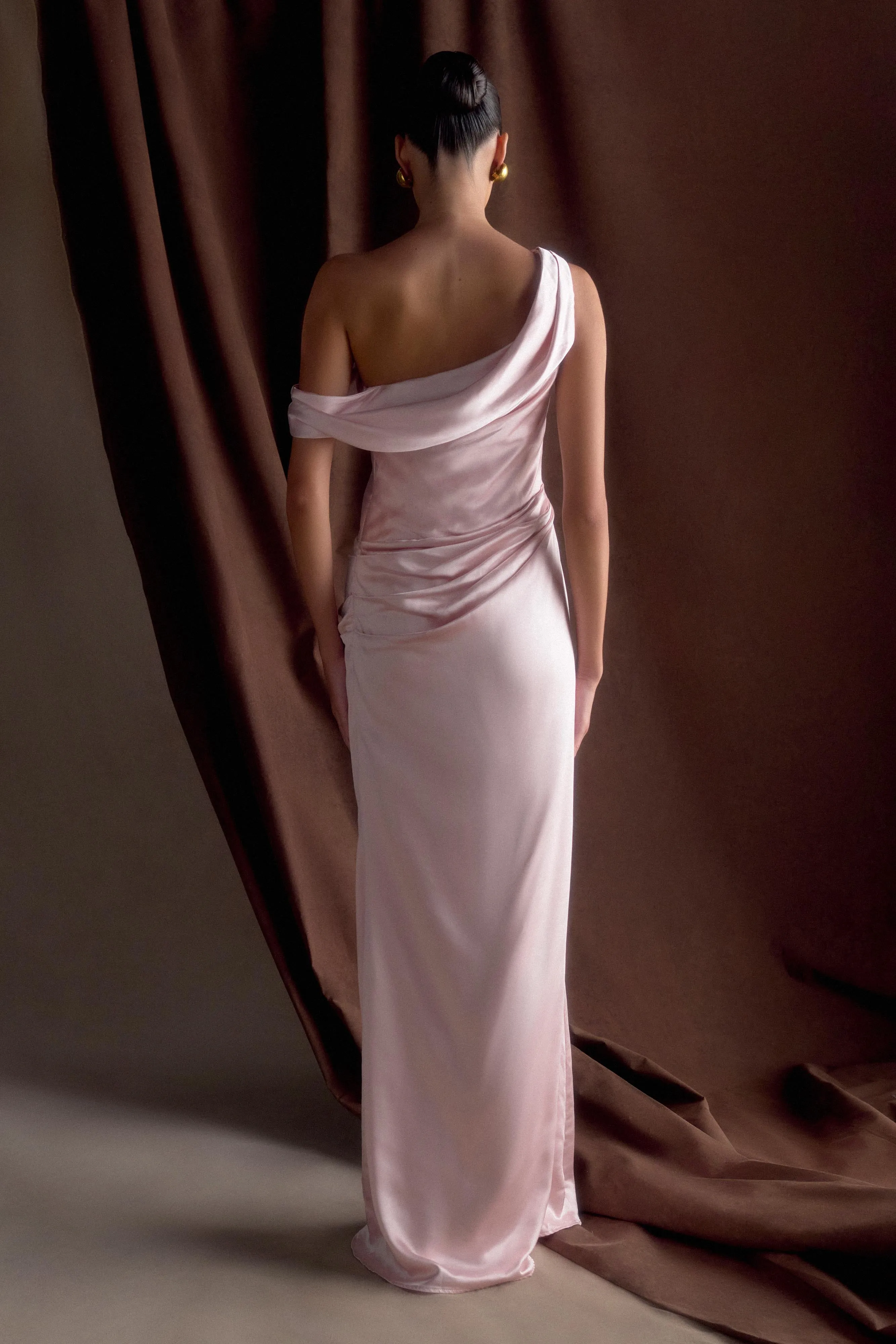 Dalia Off Shoulder Satin Maxi Dress - Soft Pink sold by Meshki product image thumbnail 2