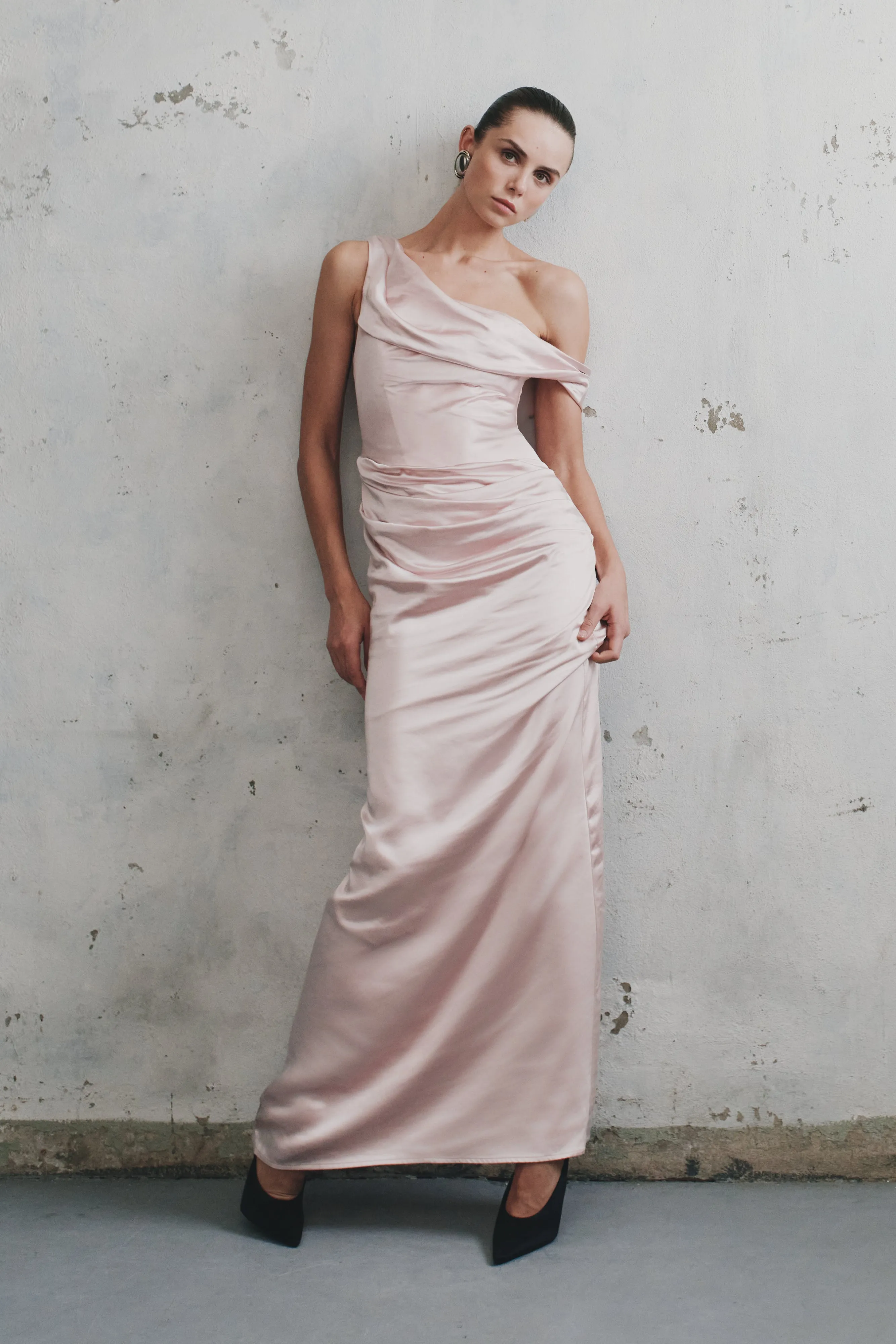Dalia Off Shoulder Satin Maxi Dress - Soft Pink sold by Meshki product image thumbnail 4